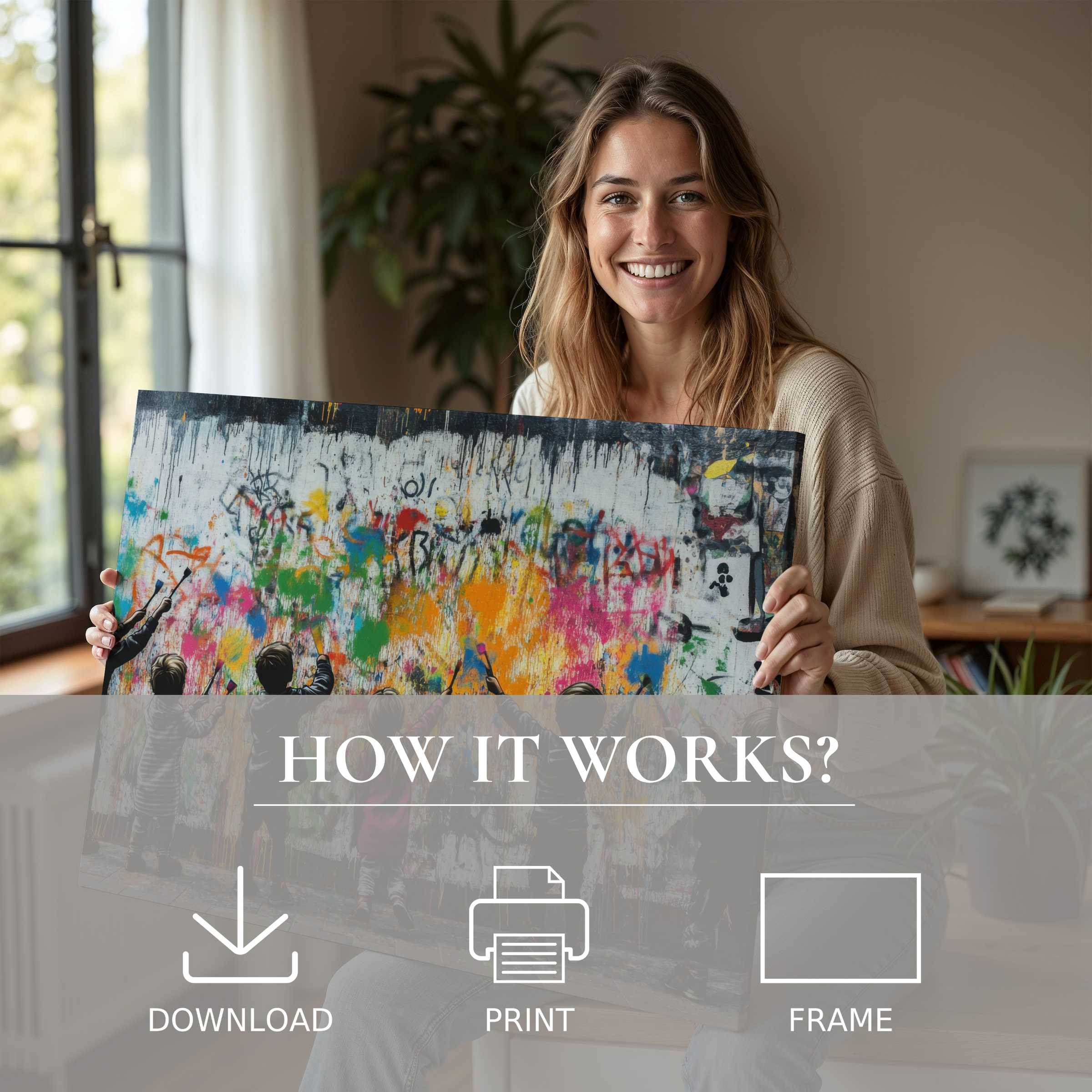 Bright street art digital art print held by a joyful woman in a modern home, embodying effortless beauty and soulful connection