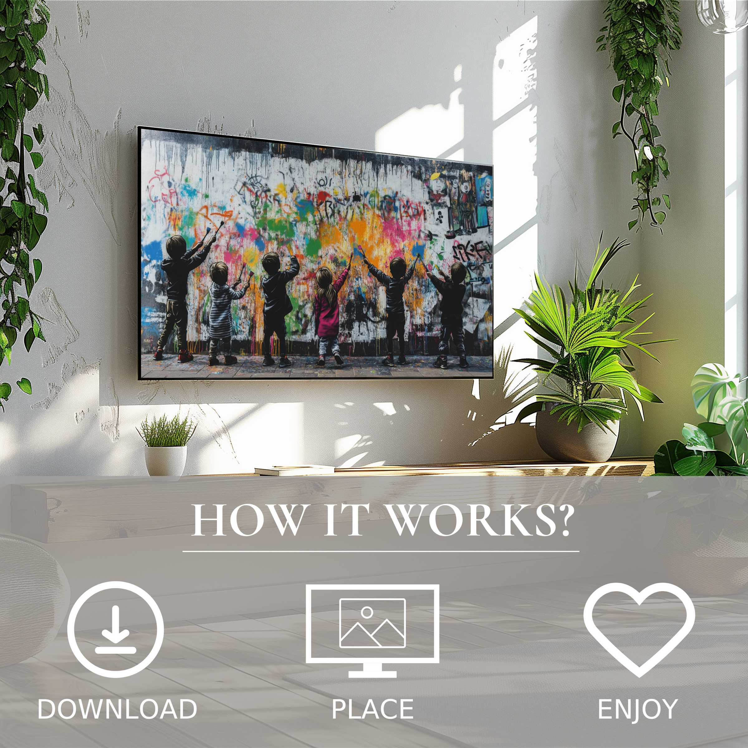 Modern living room with street art for Samsung TV displaying vibrant kids’ color flow; digital download enriches space easily