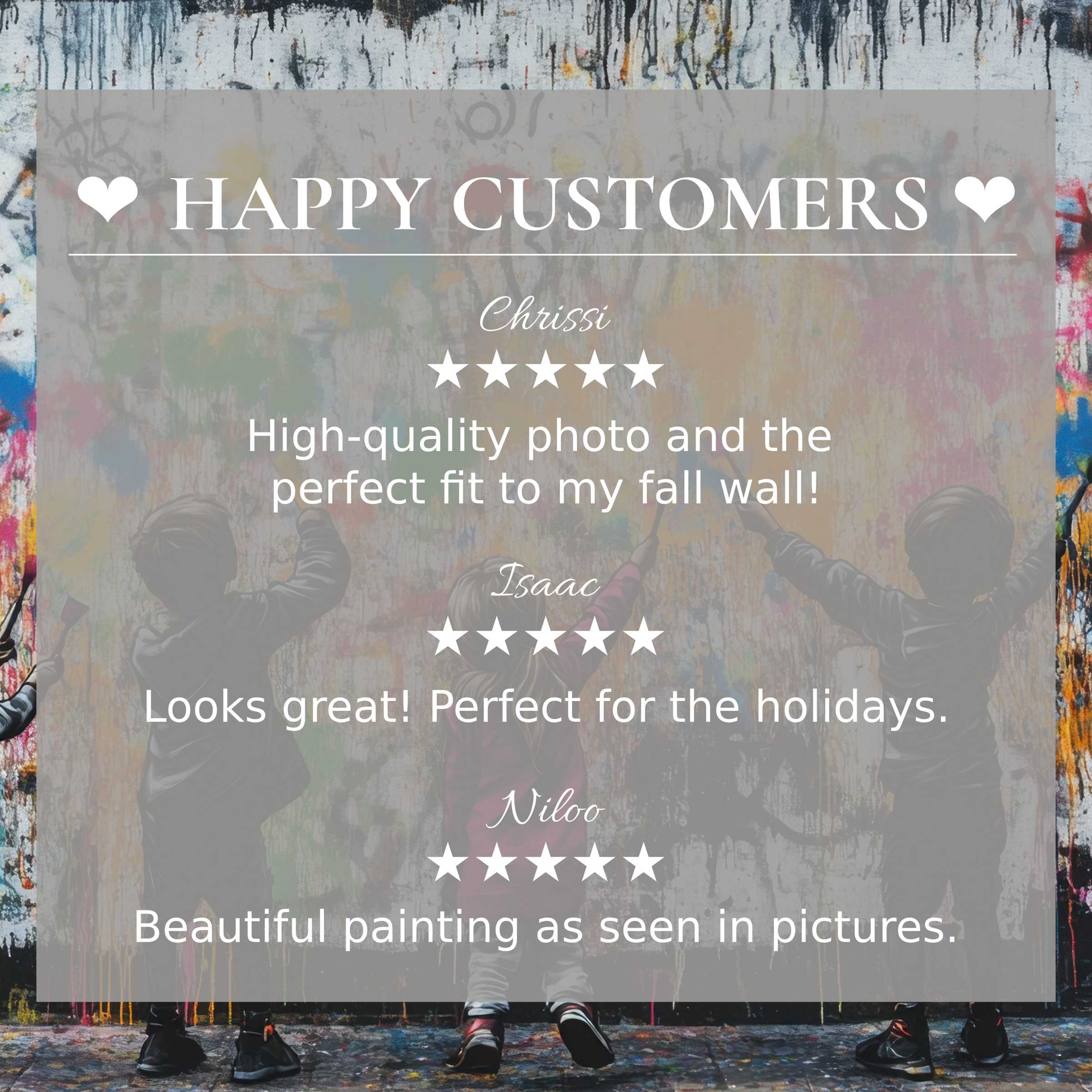 Positive reviews with street art for Frame TV on an abstract muted color background; a happy customer trust builder