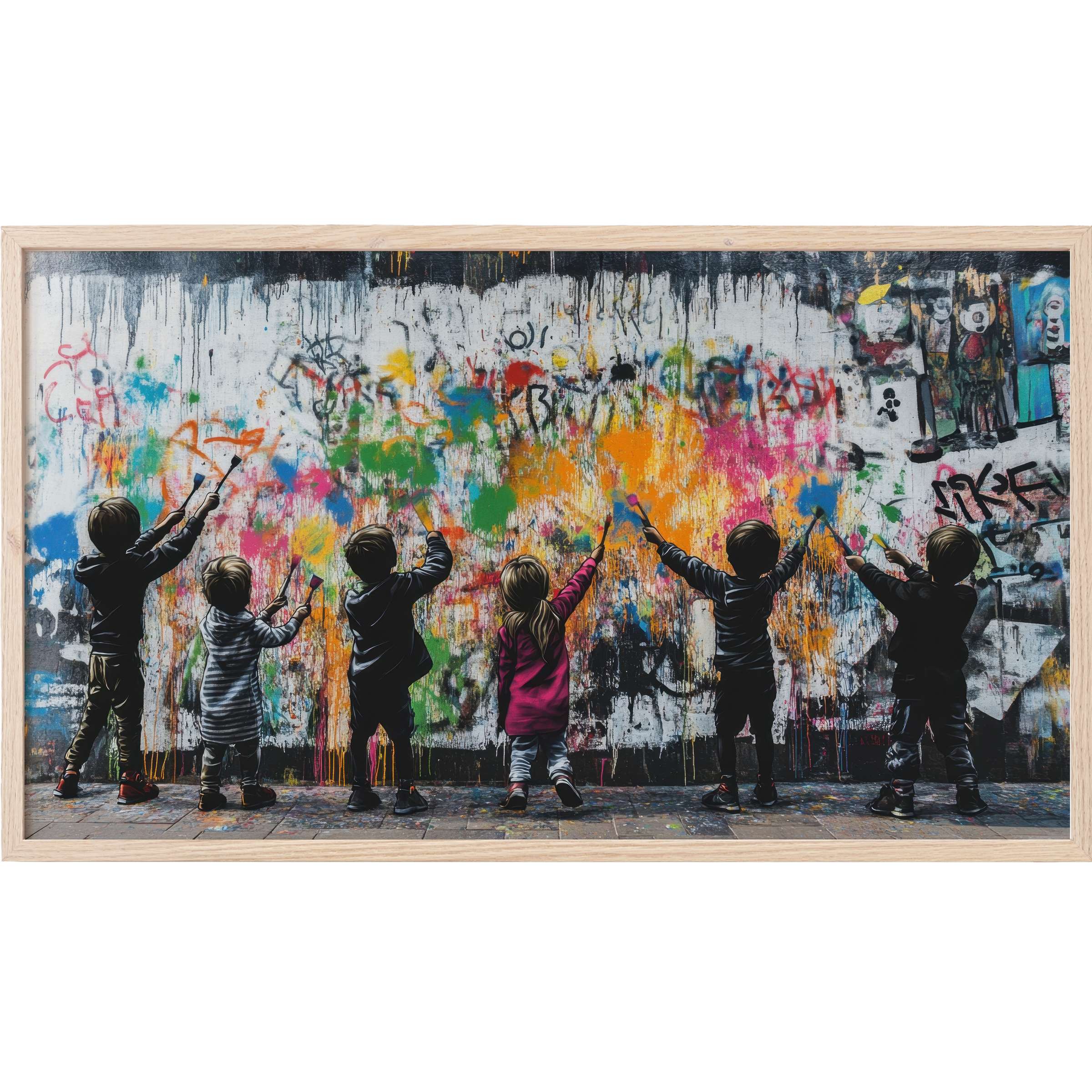 Street art Frame TV Art shows children painting vivid sprays of orange, green, blue, and pink on a textured wall