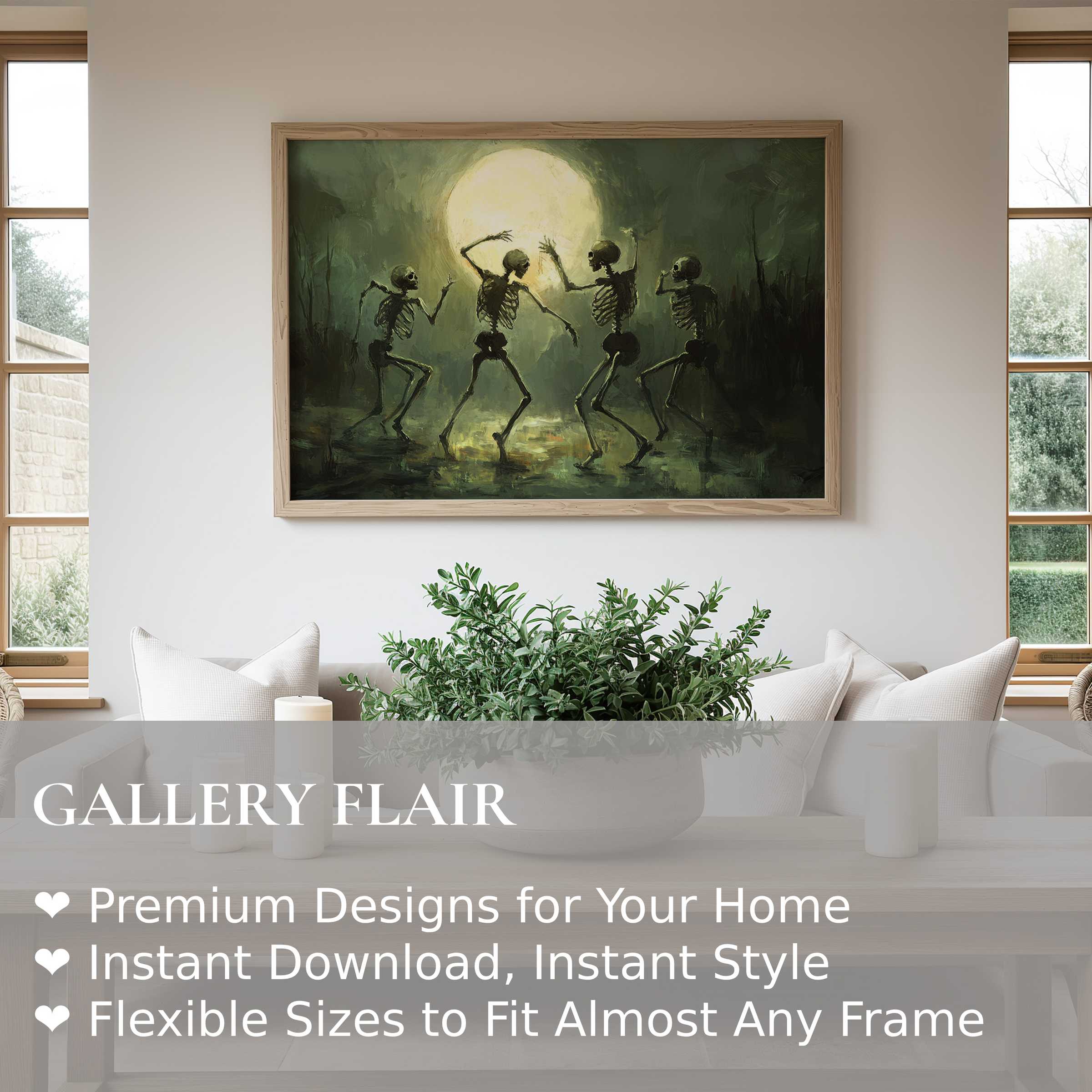 Halloween wall art print featuring lively skeletal figures dancing under a glowing full moon, adding bold, eerie charm to modern minimalist interiors