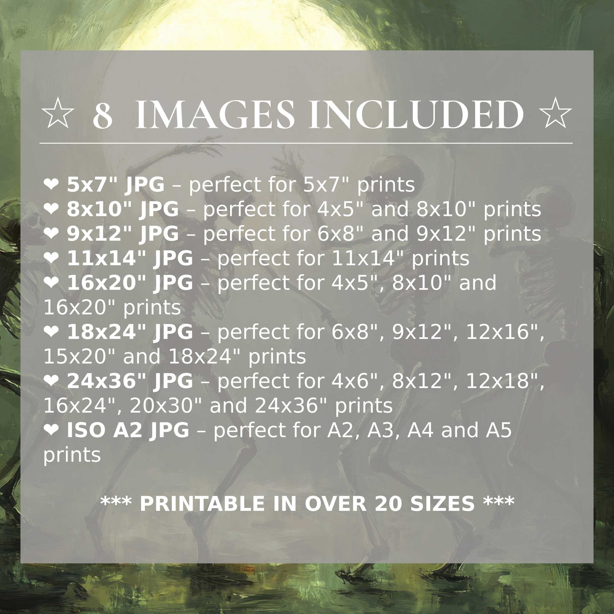 Halloween digital print radiates bold greens and muted grays with spectral elegance, elevating modern interiors Includes 8 high-quality sizes