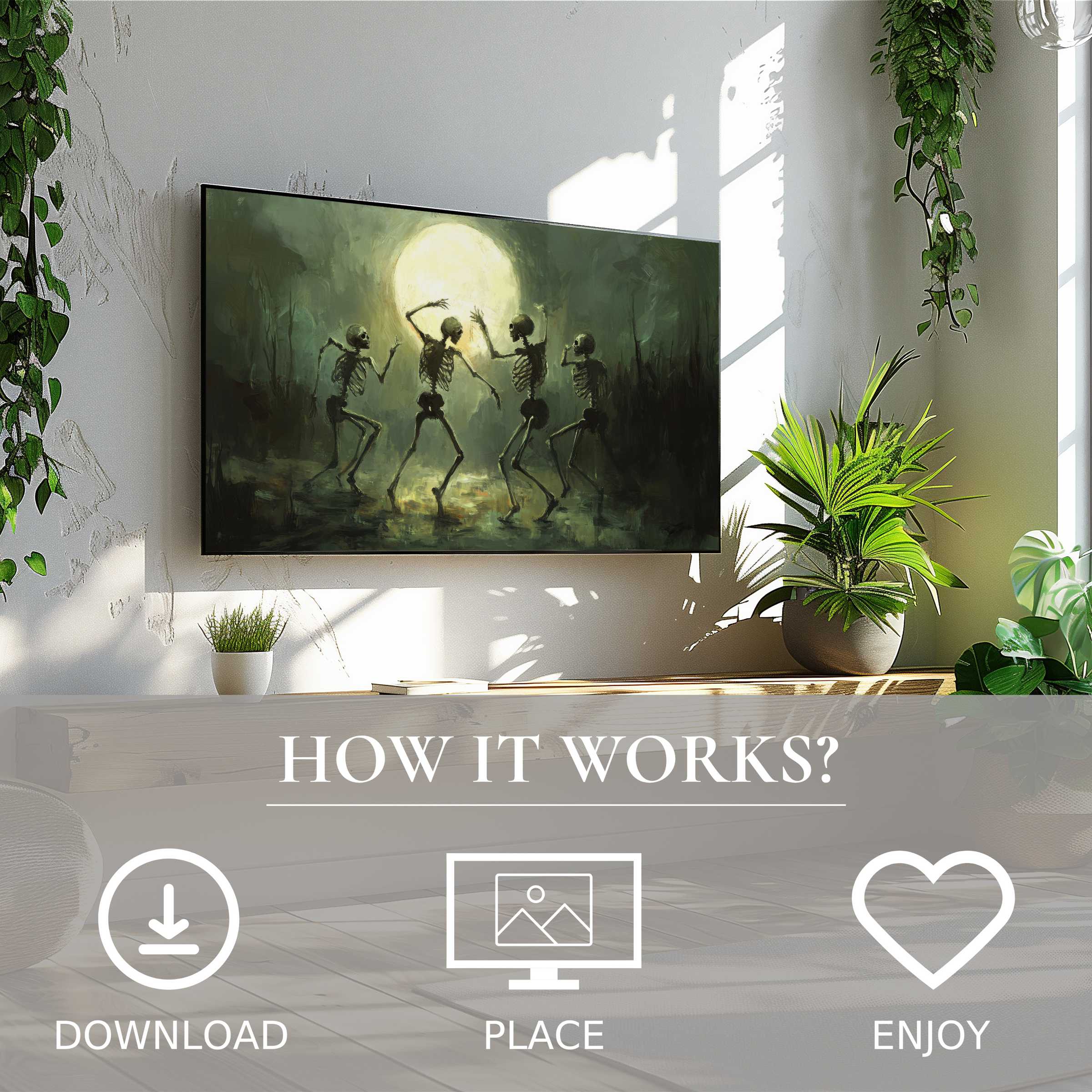Modern living room with easy digital download; halloween art for Samsung TV shows eerie skeleton dance by full moon