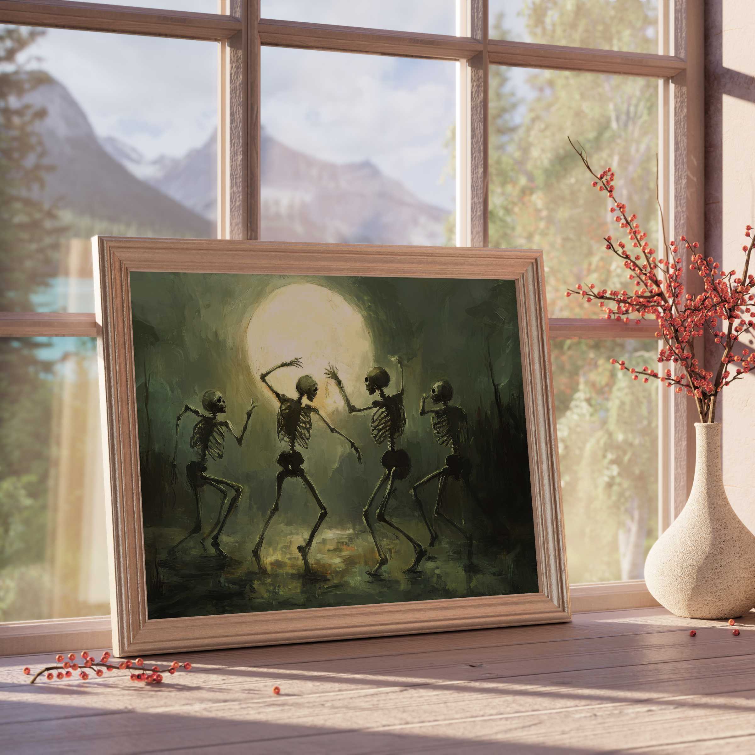 Halloween downloadable art featuring whimsical dancing skeletons under a glowing moon, enhancing curated, tranquil interiors with seasonal charm