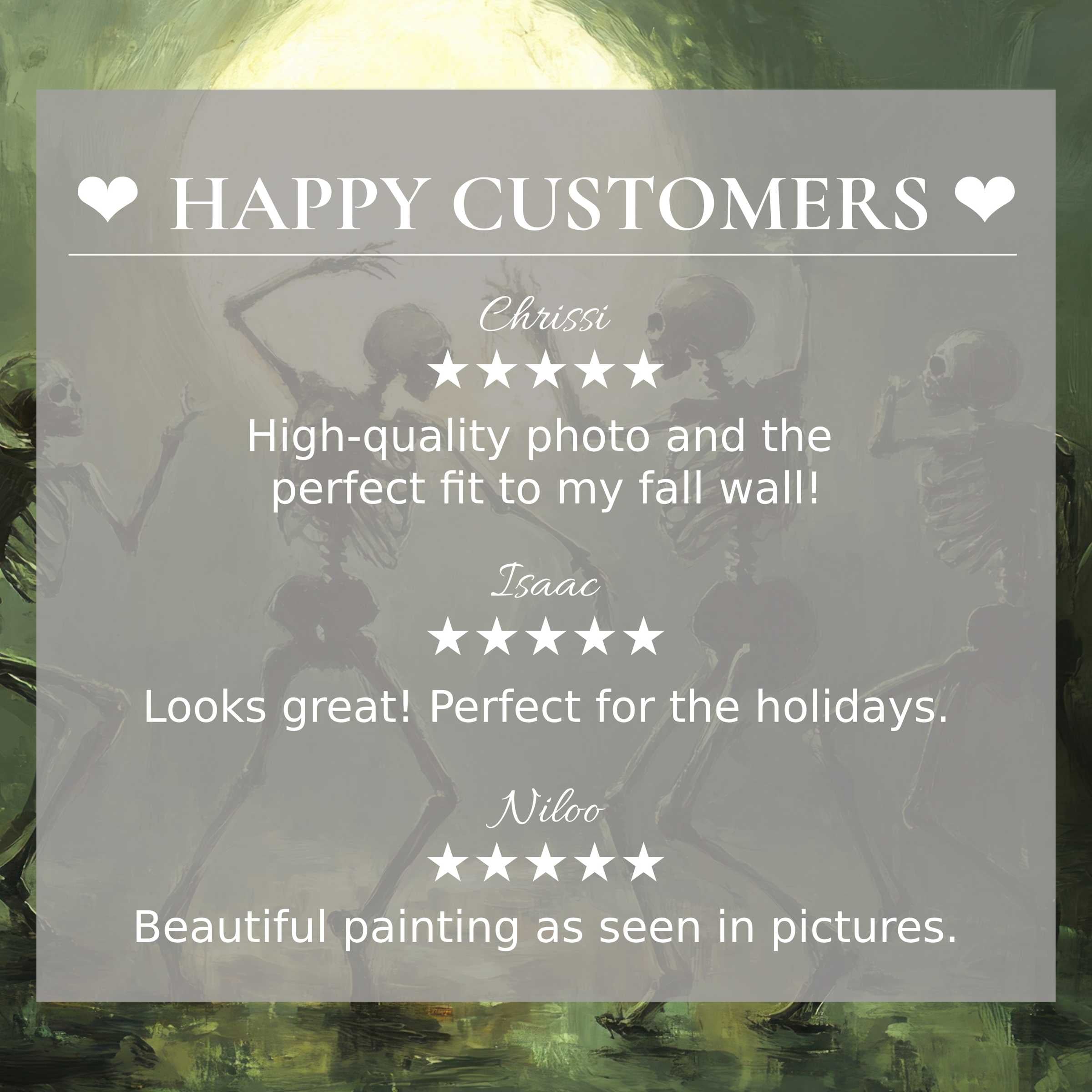 Elegant halloween art for Frame TV with abstract green and yellow background; layout shows happy customer reviews