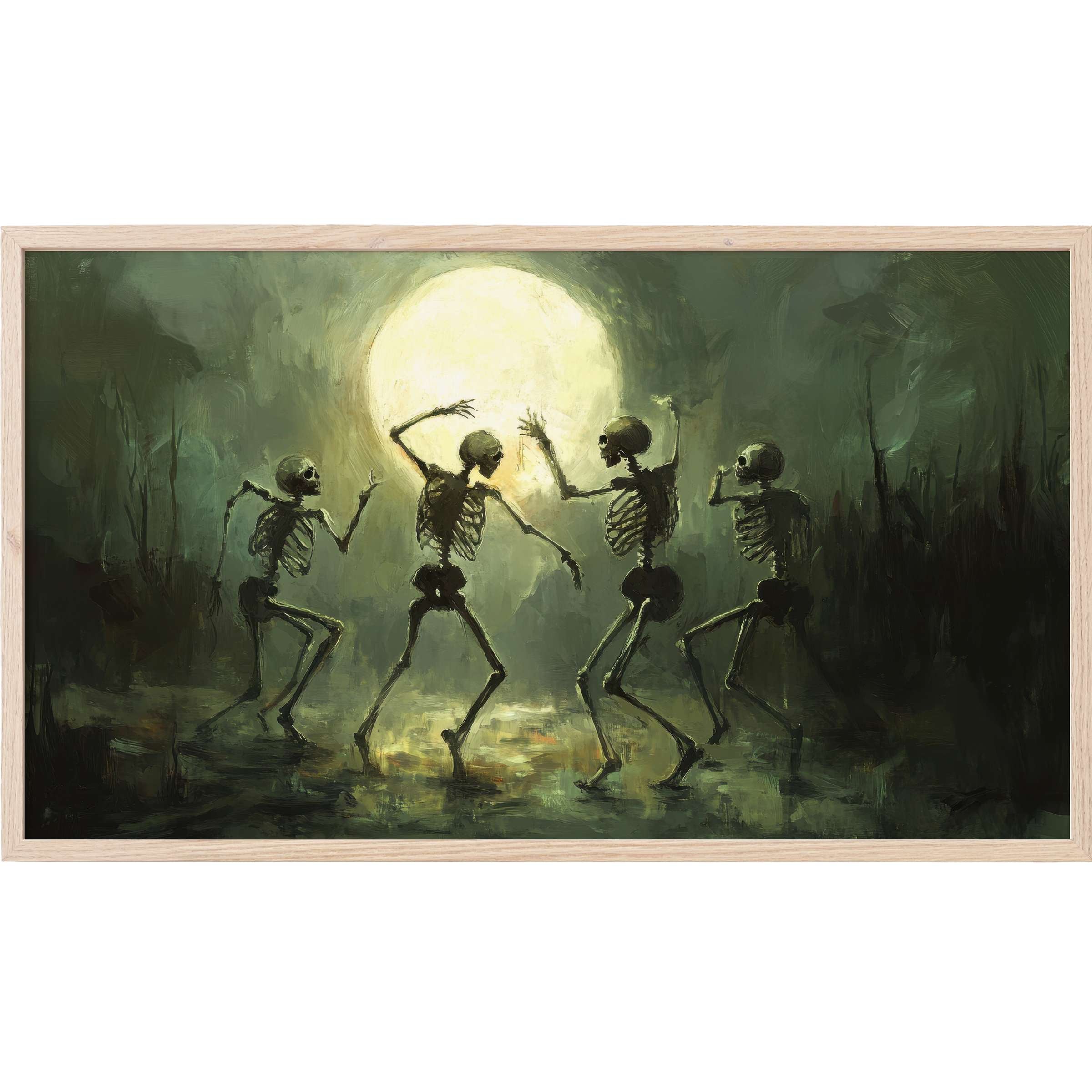 Ethereal skeletons dance under a luminous moon in moody greens and blacks, a striking halloween Frame TV Art