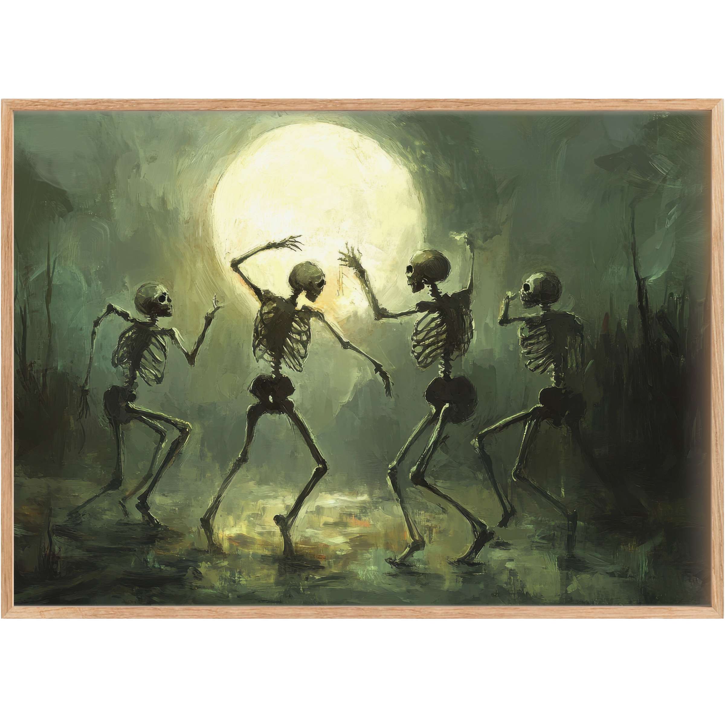 Eerie yet playful Halloween printable wall art featuring dancing skeletons bathed in moonlit greens and golds, evoking a bold, mysterious charm