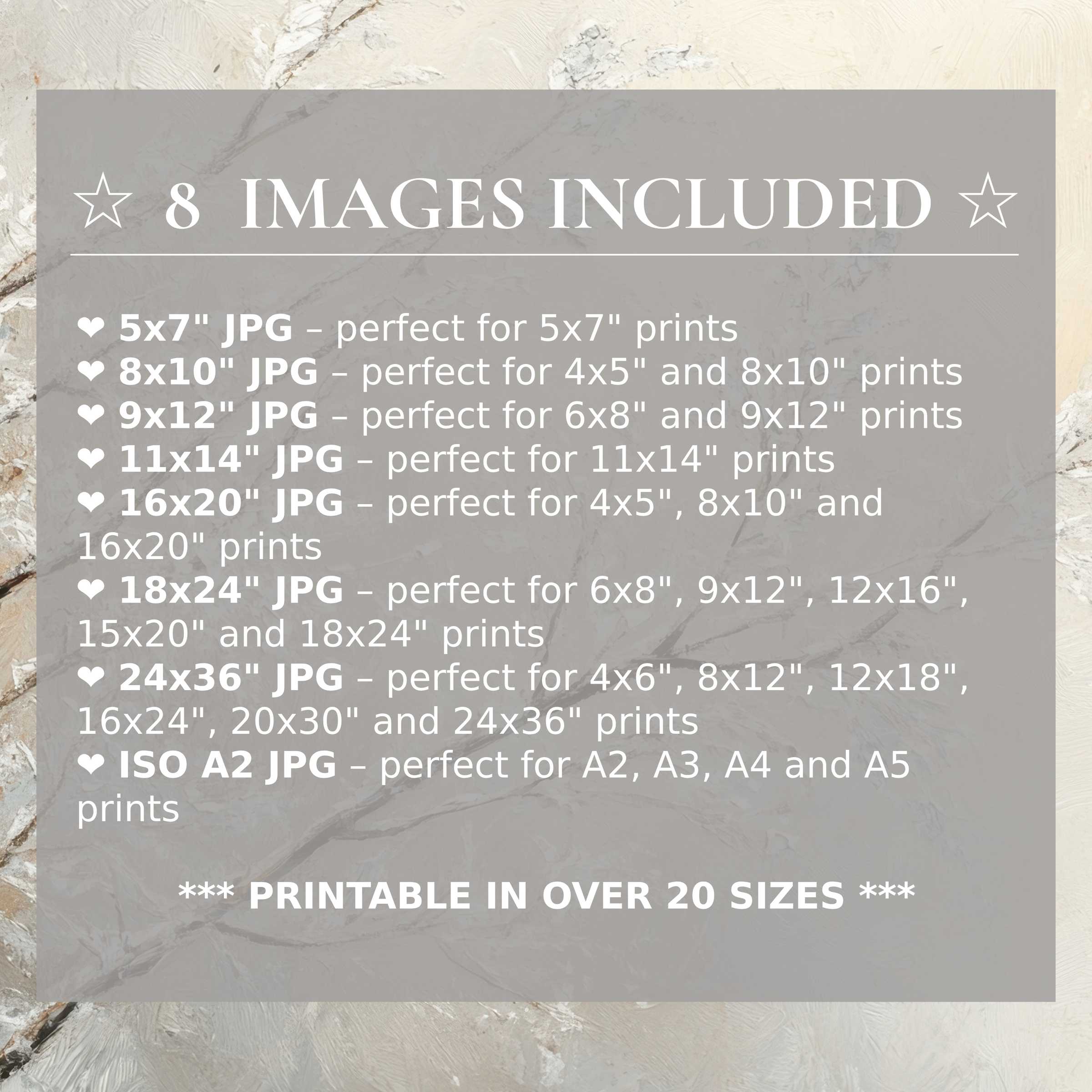 Print size guide showing 8 included JPG formats for versatile wall art printing – perfect for framing in popular sizes from 5x7 to 24x36 and A2