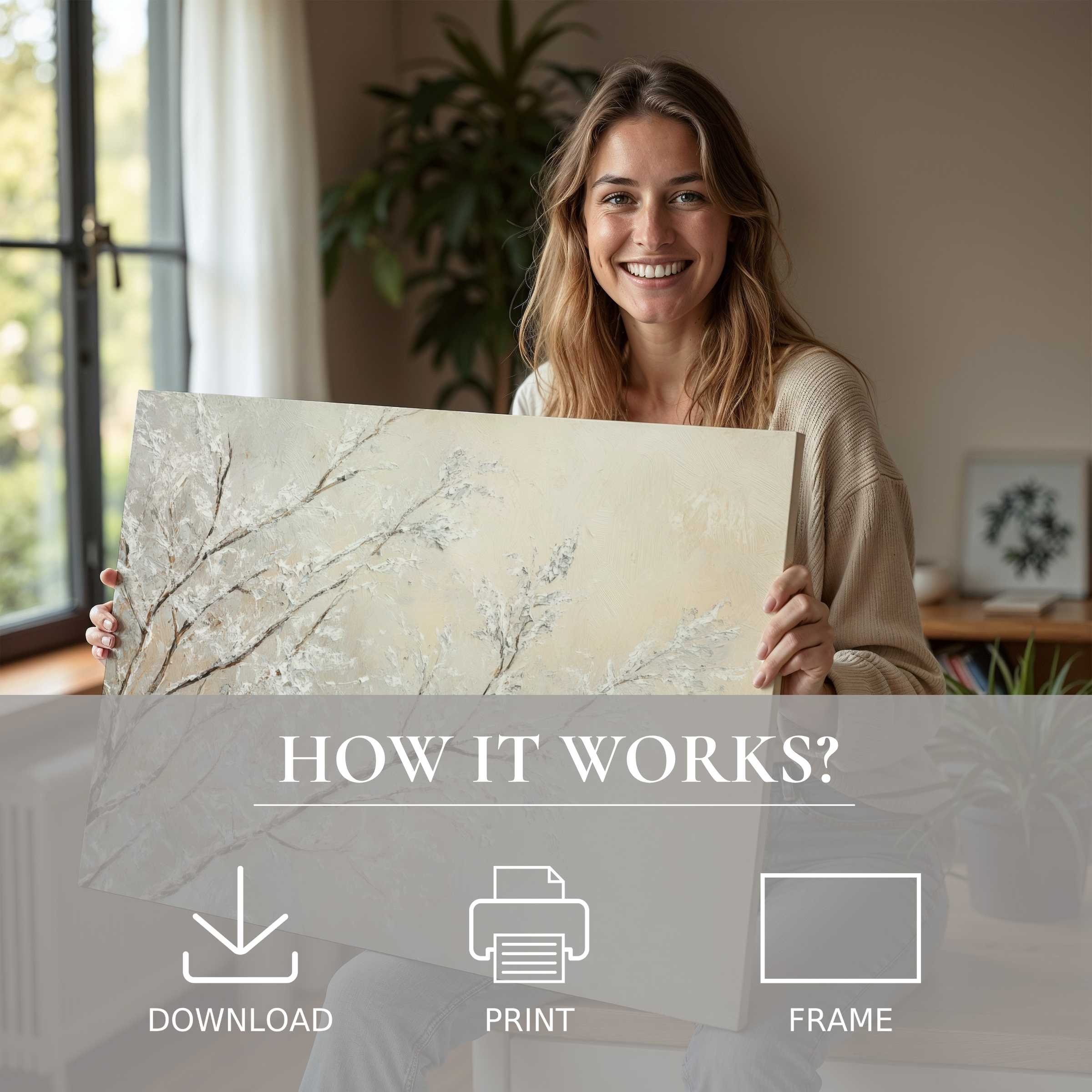 A joyful moment of connection as a woman embraces a serene tree digital art print in a stylish, sunlit home