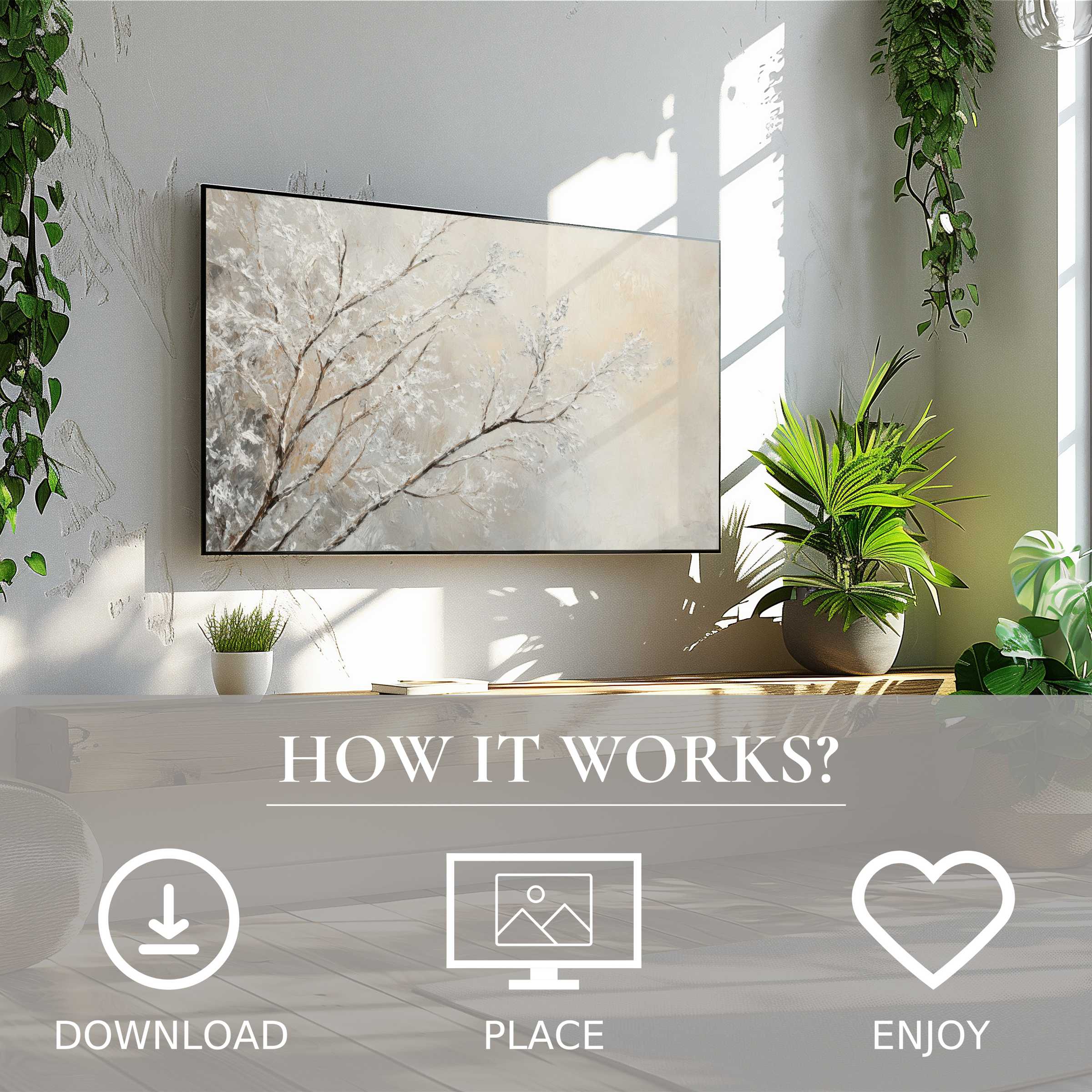Tree art for Samsung TV shows soft neutral tree branches, easy digital download for elegant living spaces