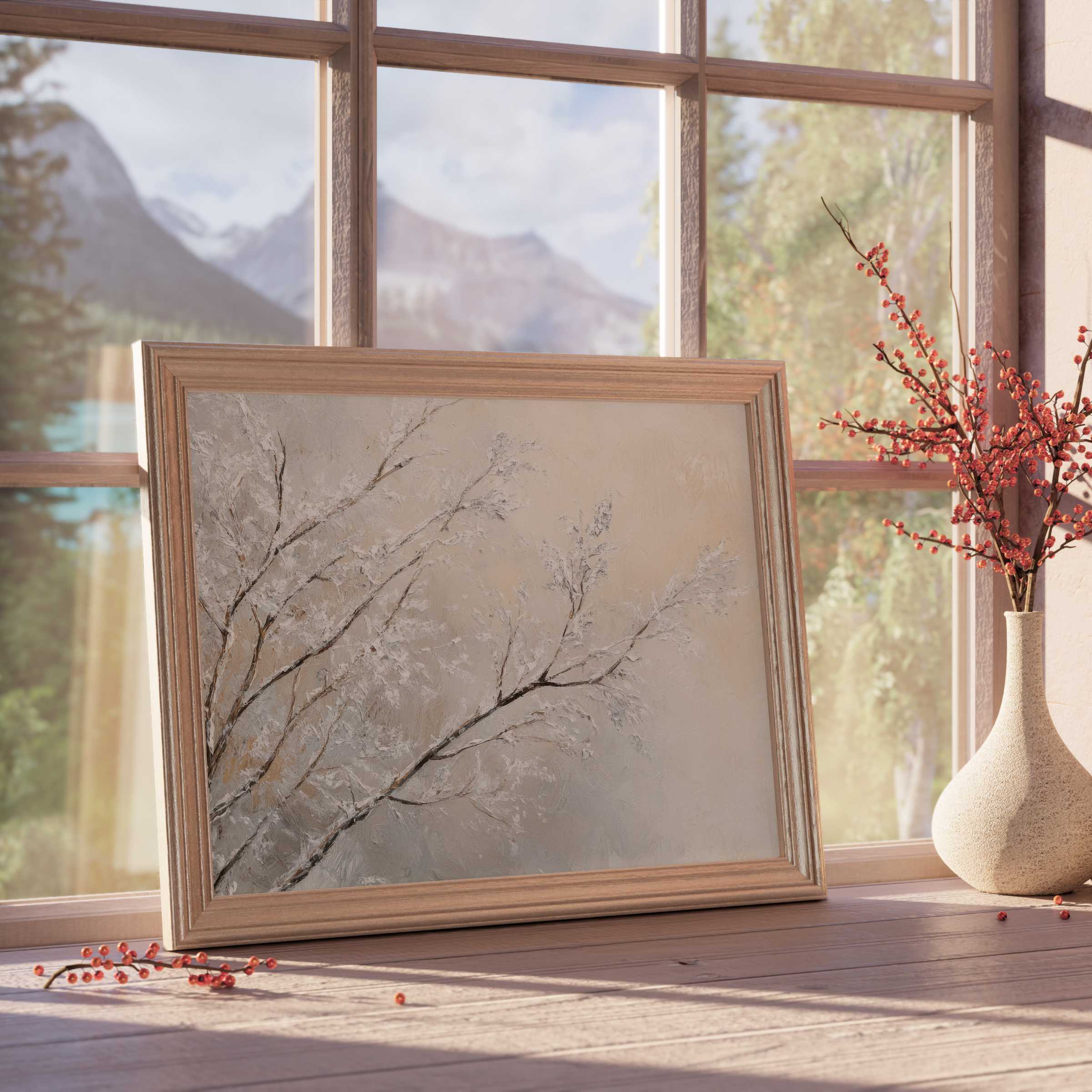 Elegant tree downloadable art in soft neutrals, enriching curated interiors with serene, textured charm and warm natural light