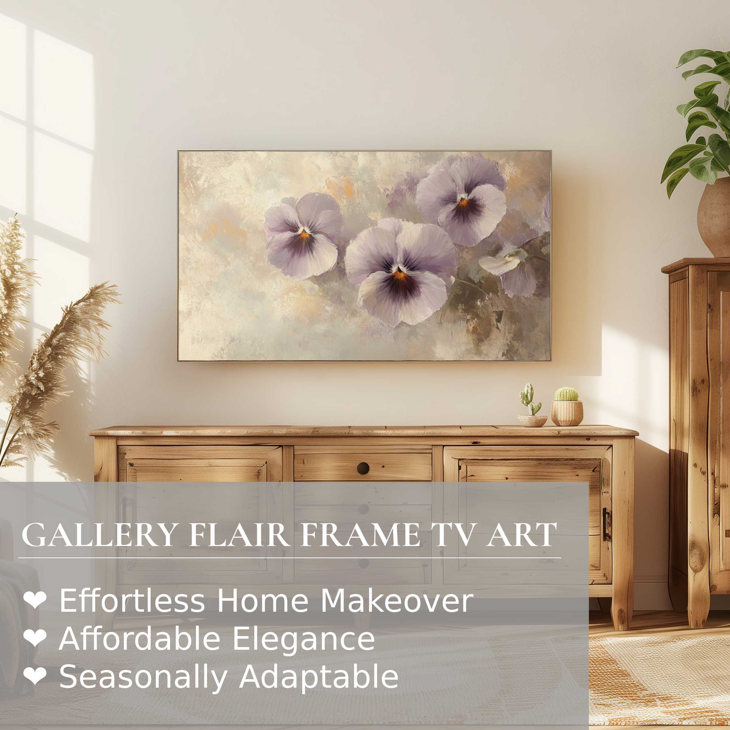 Samsung Frame TV showcases botanical digital artwork with soft florals in a warm, serene living space