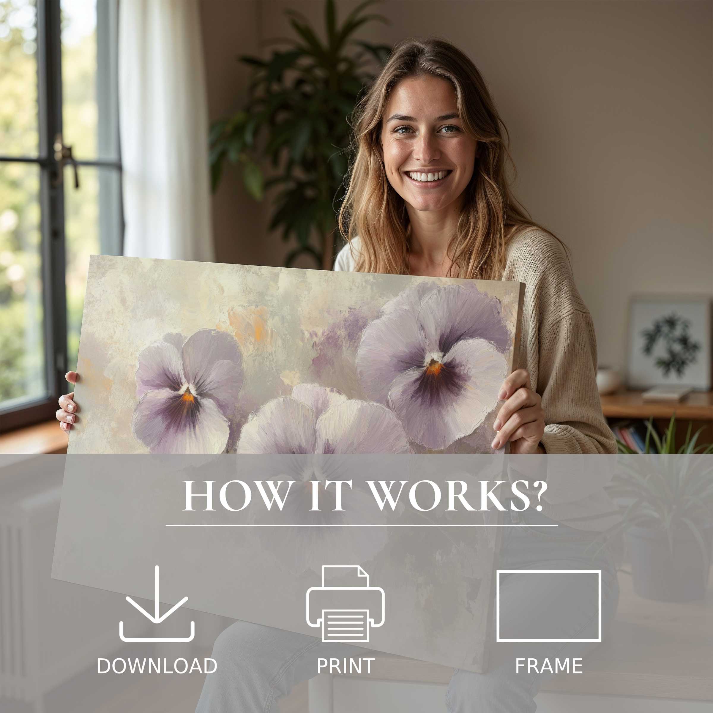 Radiating warmth and joy, a woman reveals a botanical digital art print, blending soft lilac tones into her serene modern living space