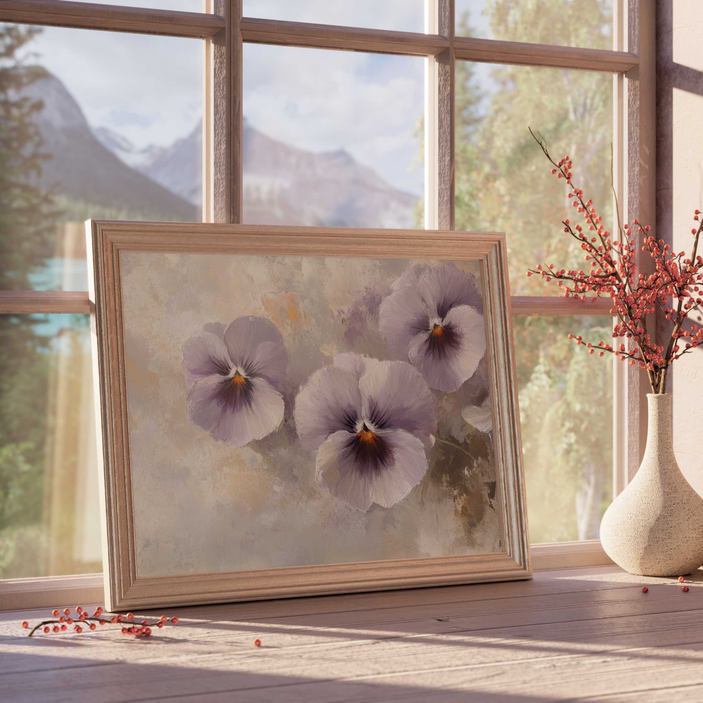 Botanical downloadable art featuring soft lavender pansies, evoking serene elegance for curated, tranquil interiors
