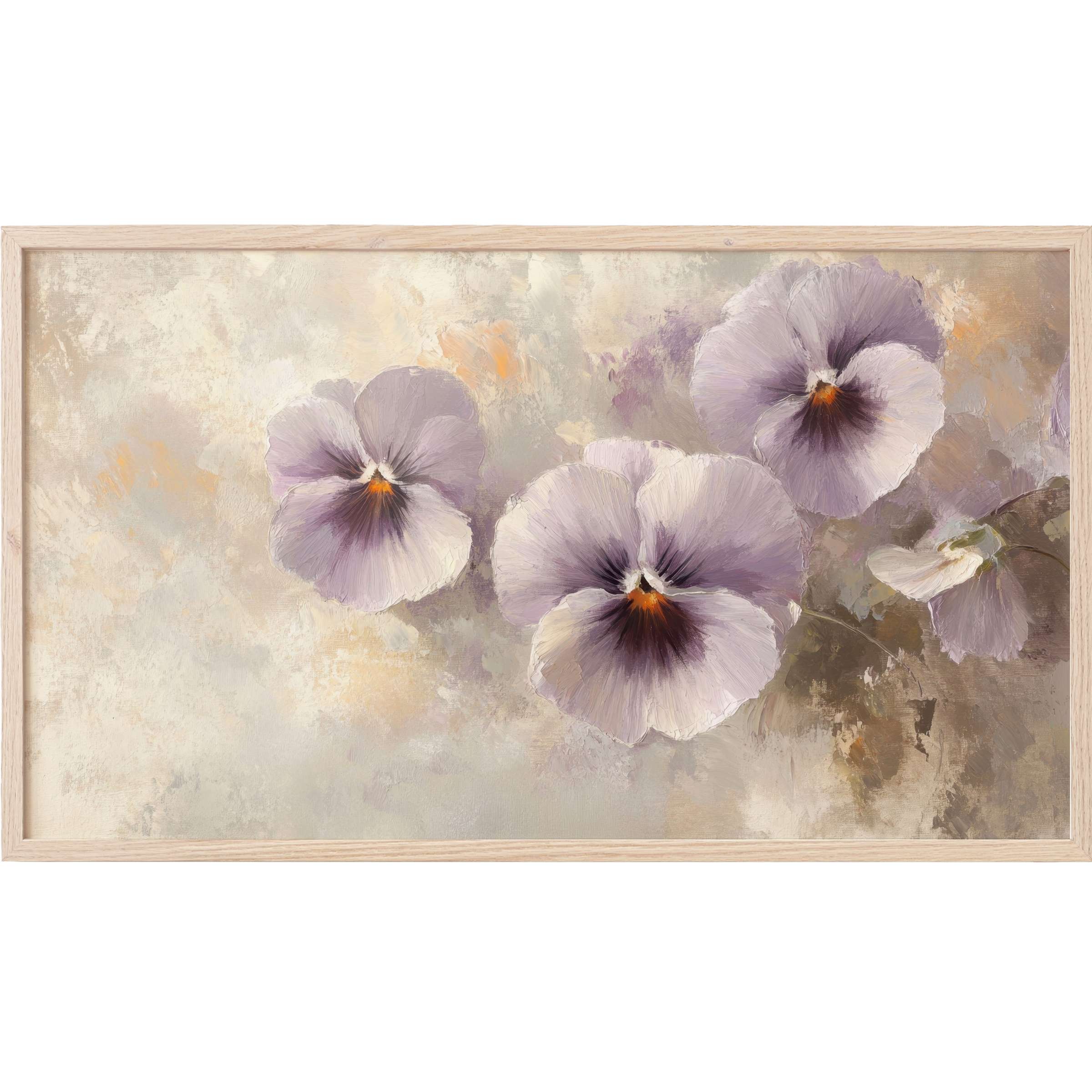 Soft lavender pansies bloom in textured brushstrokes on a muted beige backdrop, botanical Frame TV Art