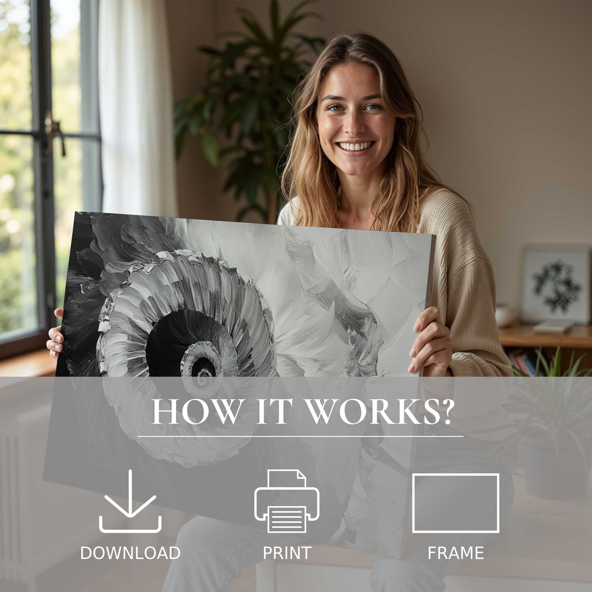 A joyful woman embraces a black and white digital art print in a sunlit, modern home, celebrating the effortless beauty of art living