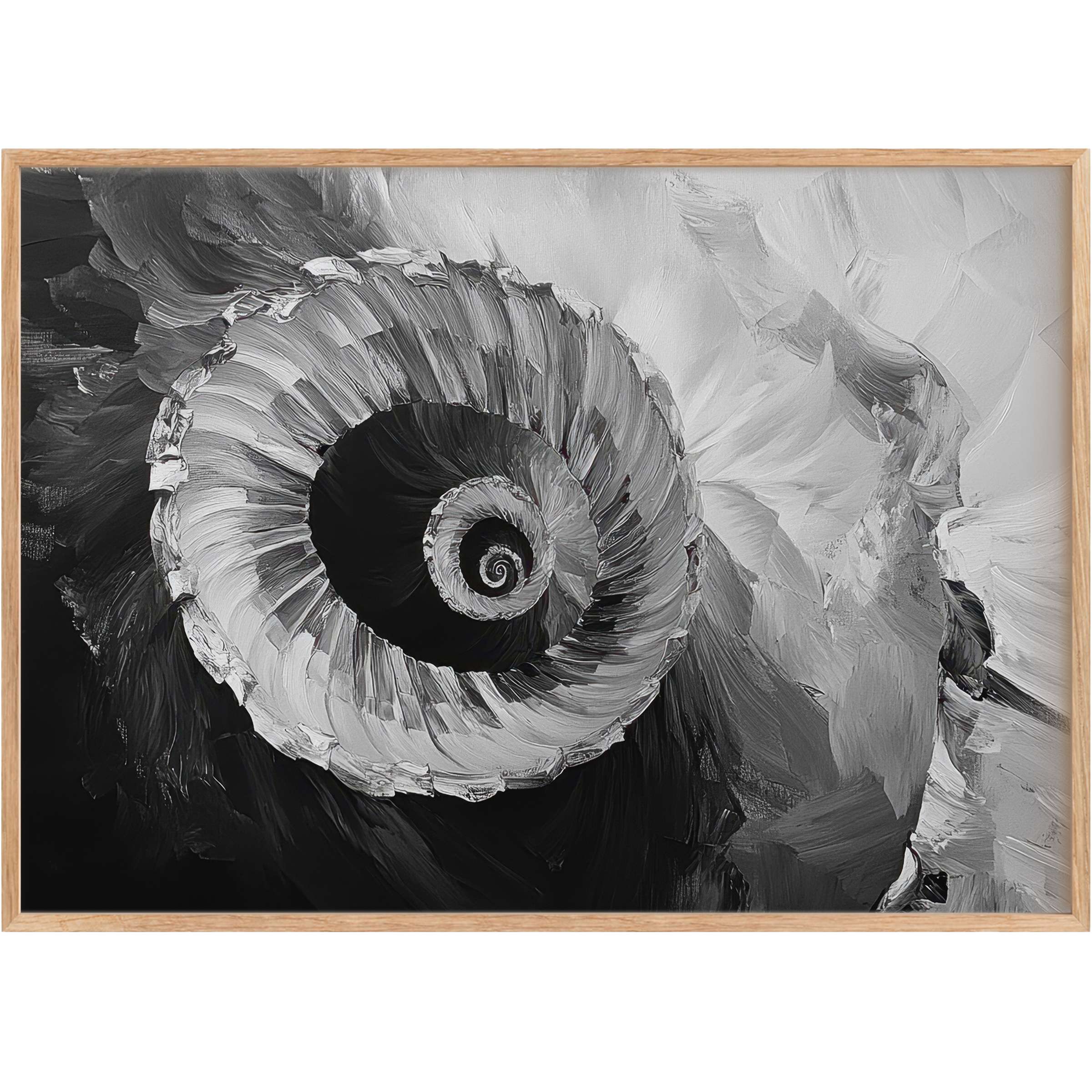 Monochrome black and white printable wall art captures a bold spiral form with dynamic brushstrokes, evoking timeless elegance and depth