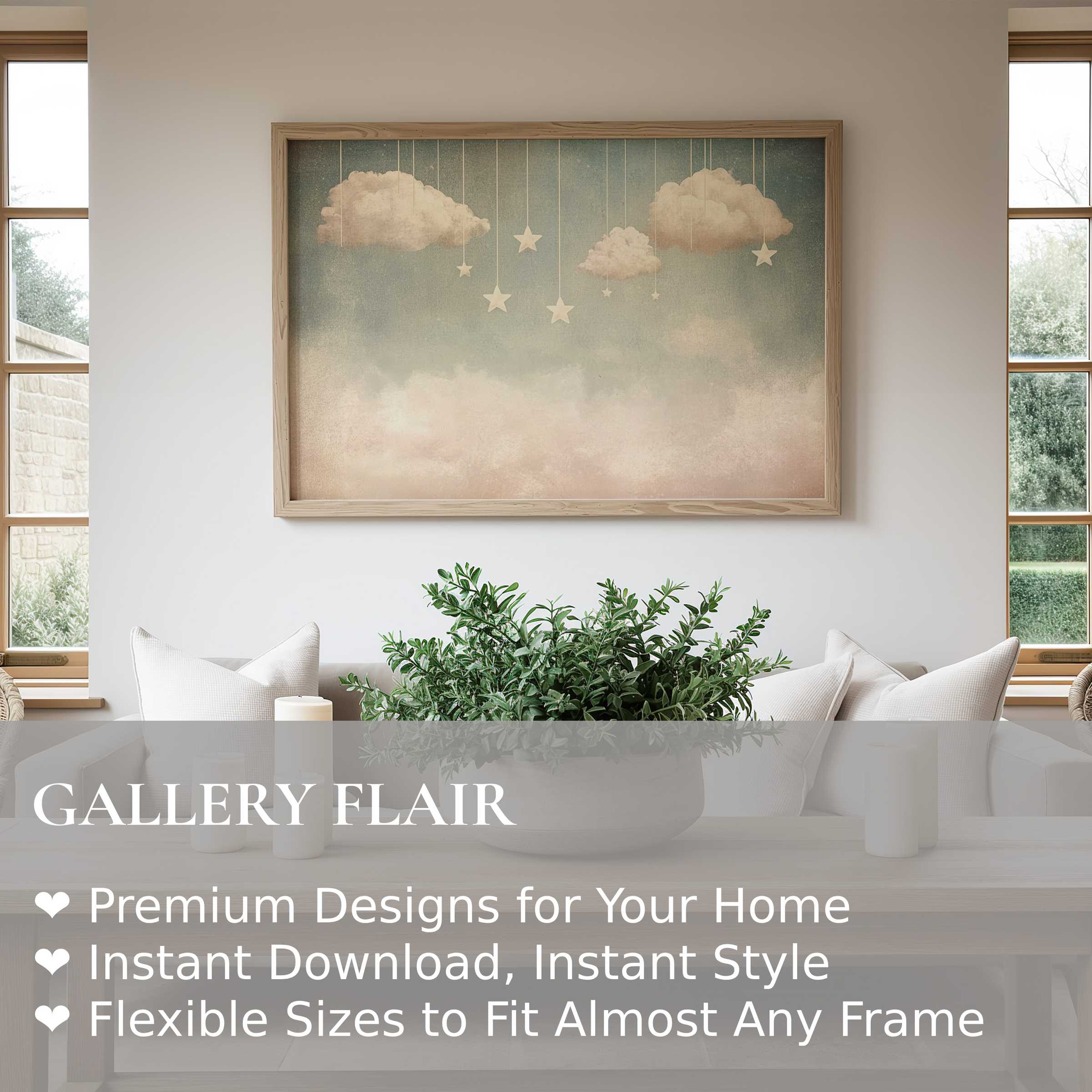 Soft, calming nursery wall art print with dreamy clouds and stars, enhancing serene, modern nursery and kids' room décor