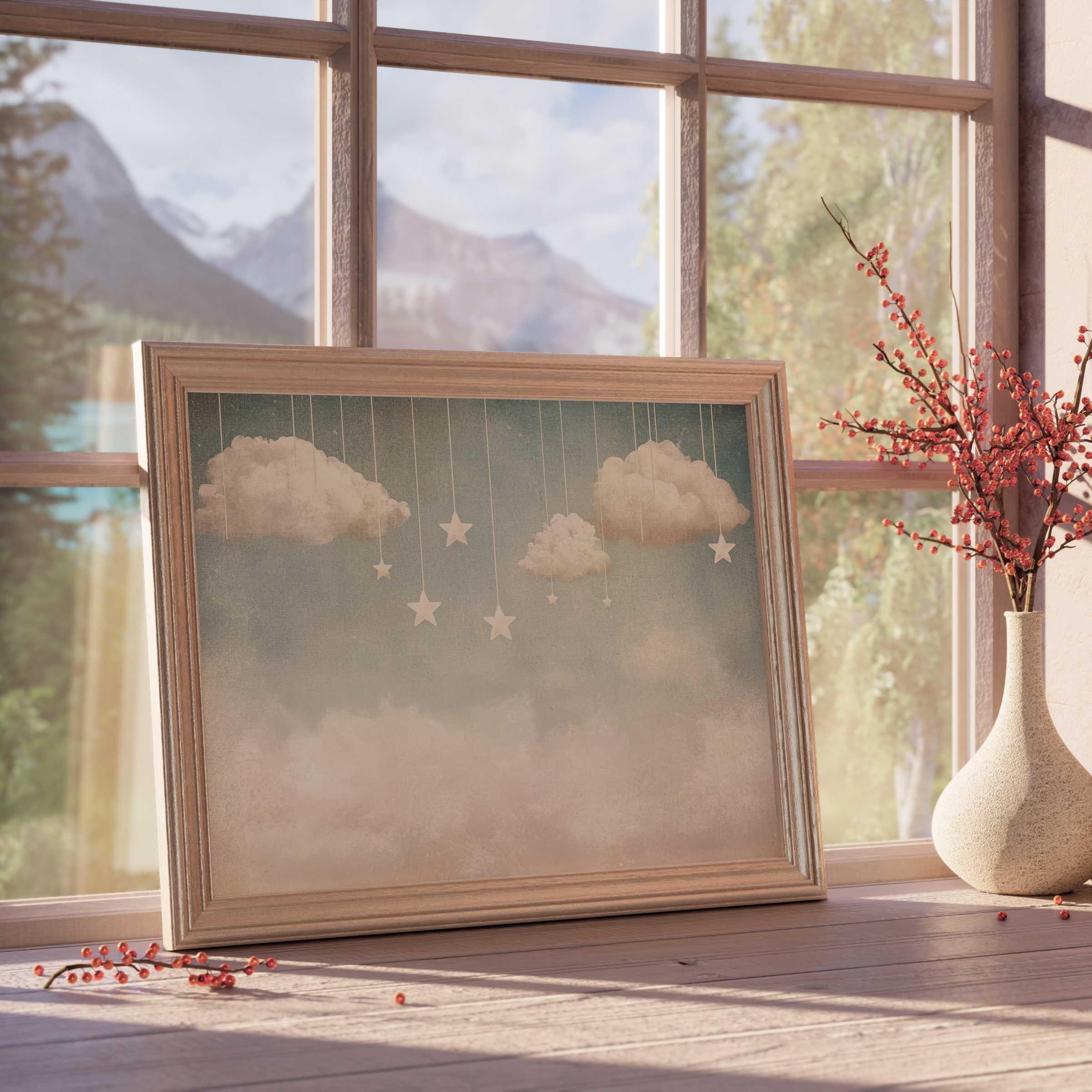 Tranquil nursery downloadable art featuring soft clouds and hanging stars, enhancing serene, design-forward interiors with curated, warm elegance