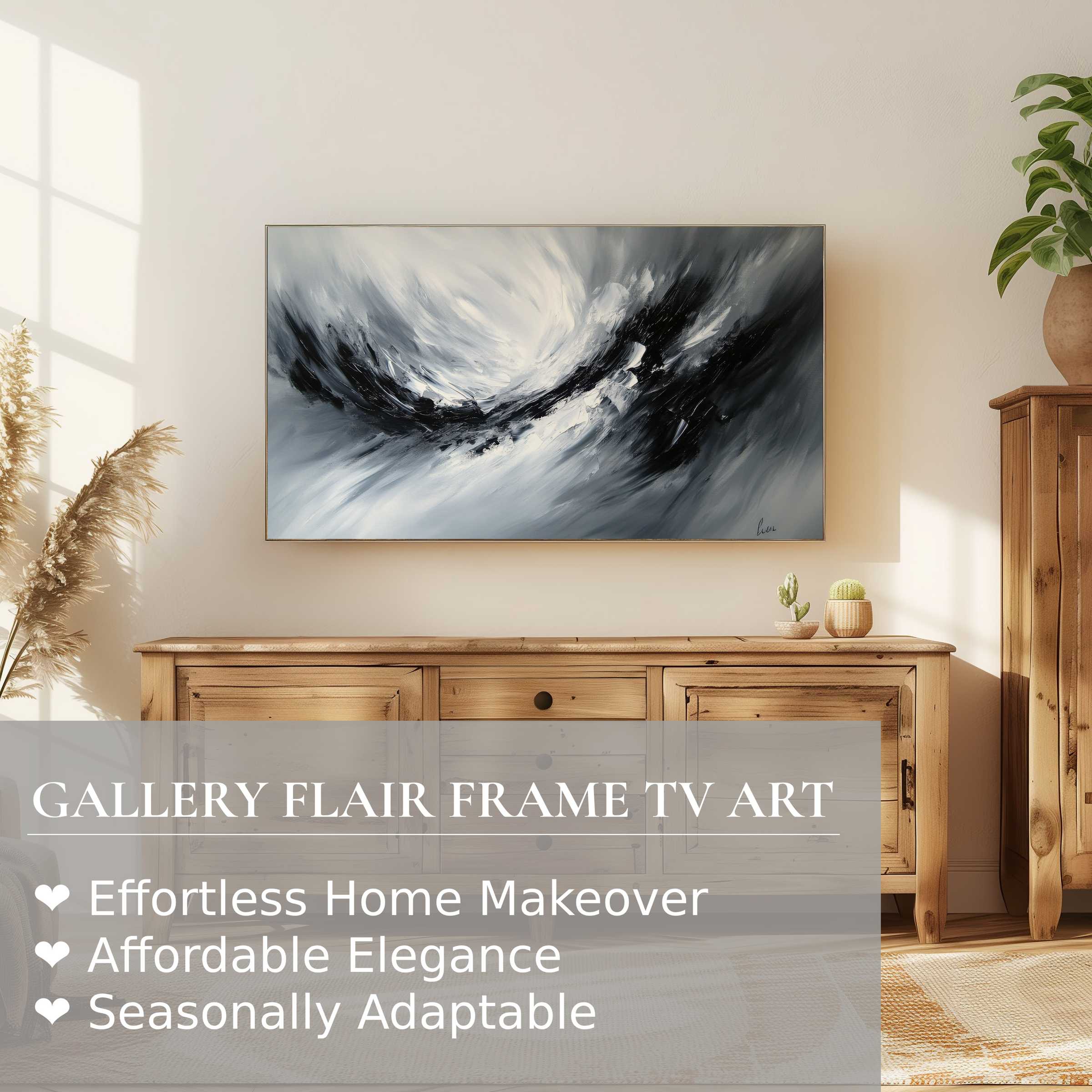 Samsung Frame TV displays abstract digital artwork in a serene, modern living room with elegant wood tones and natural light