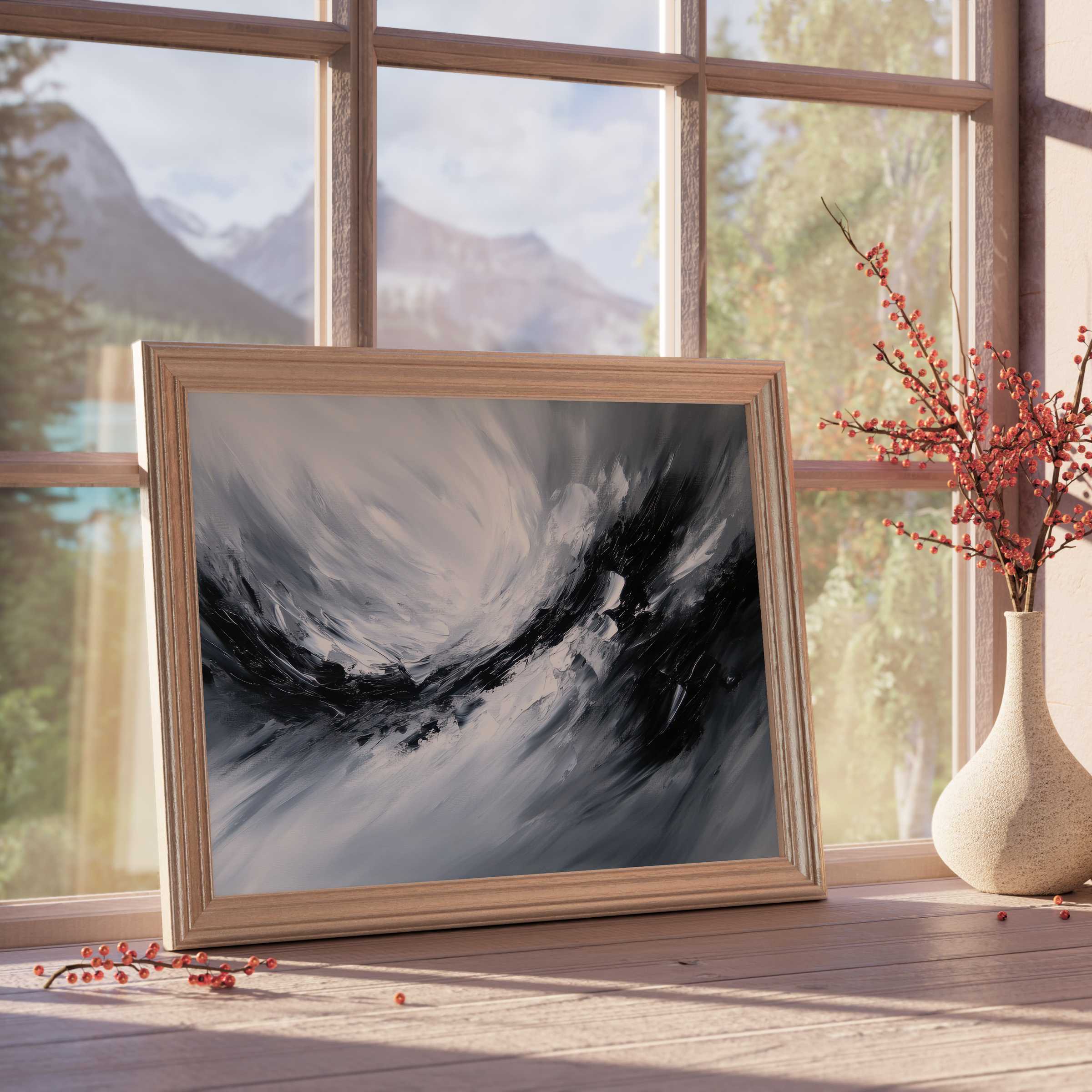 Elegant abstract downloadable art in muted grays and blacks, infusing serene, modern interiors with depth and refined tranquility