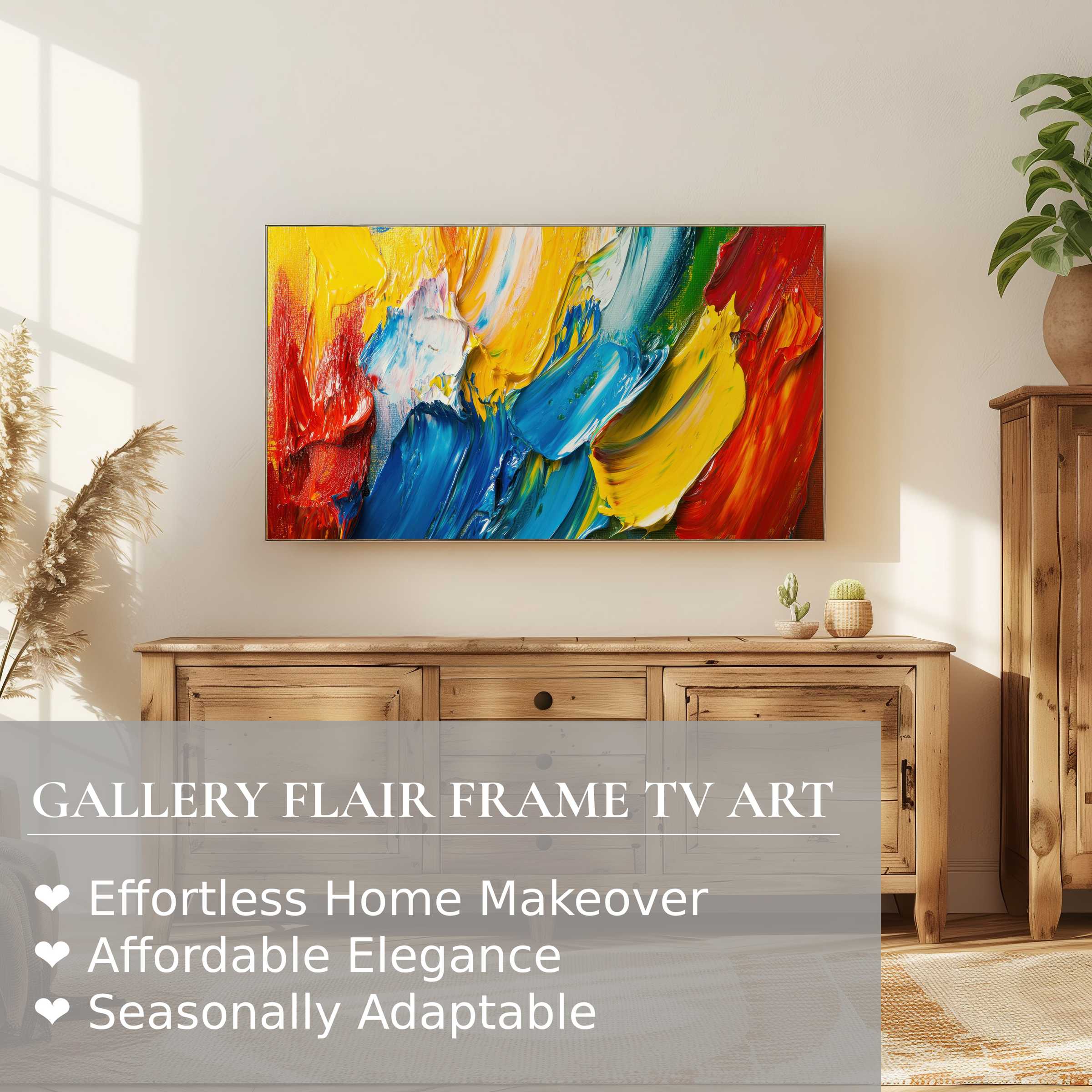 Samsung Frame TV featuring vibrant modern digital artwork, brightening a warm, elegant living space with style