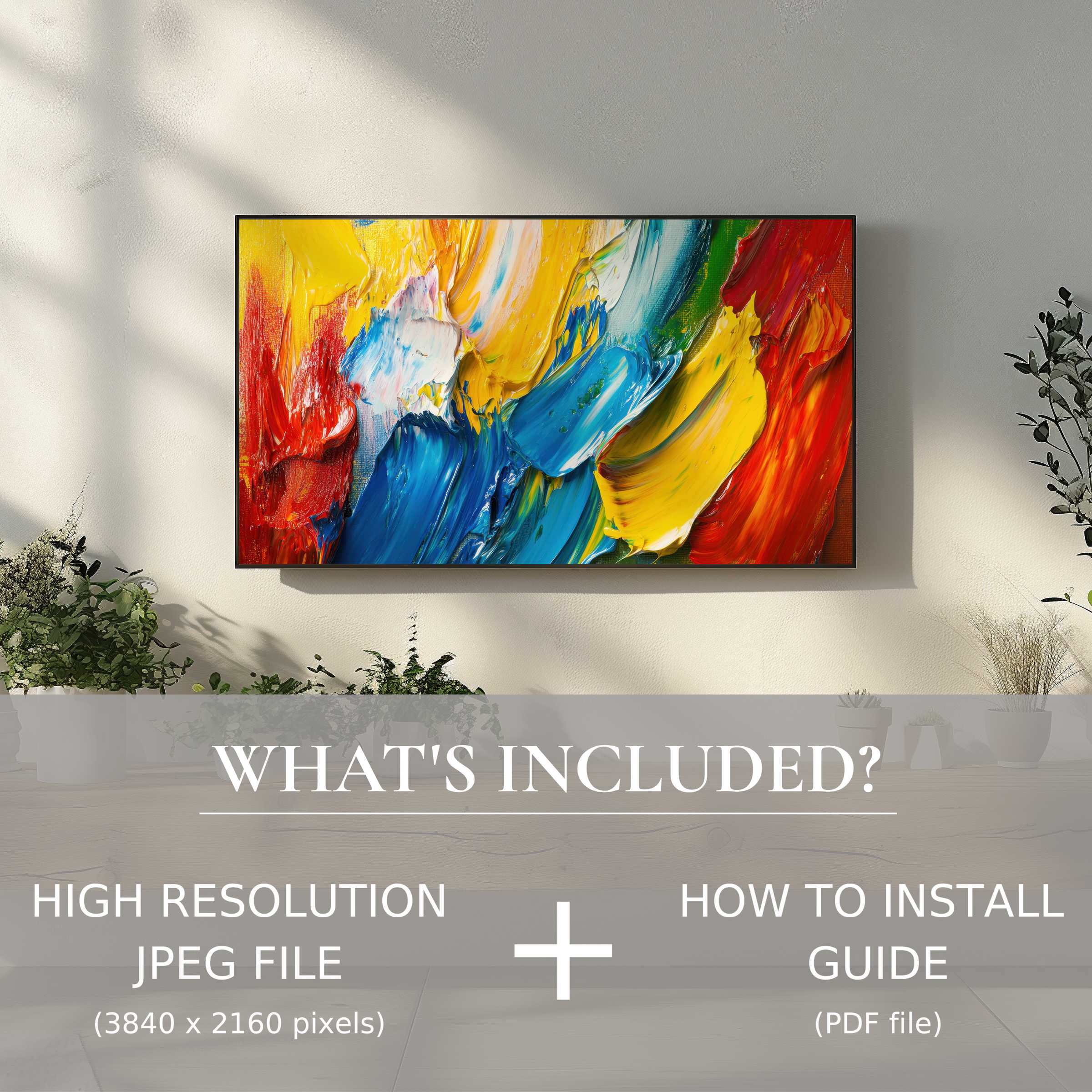 Sleek living room with vibrant modern digital TV art download, easy to use and enhancing your stylish living space