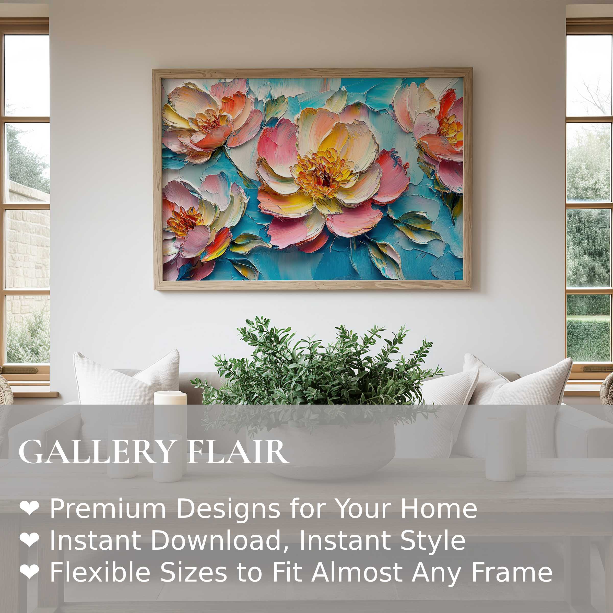 Radiant floral wall art print with textured pastel blooms in a serene modern living room, enriching minimalist decor with vibrant elegance