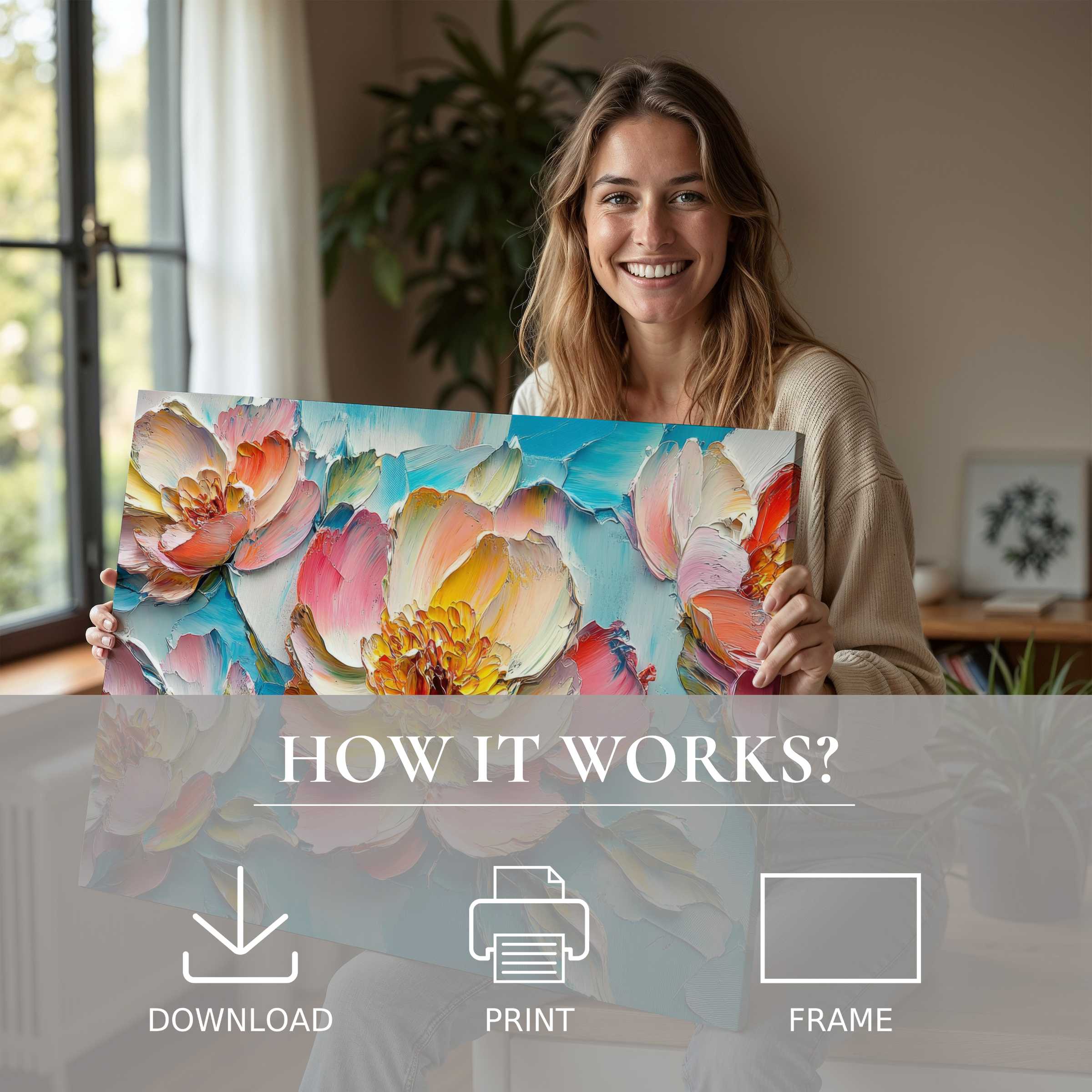 A radiant moment of connection with a floral digital art print, bringing effortless joy and vibrant elegance into a modern home