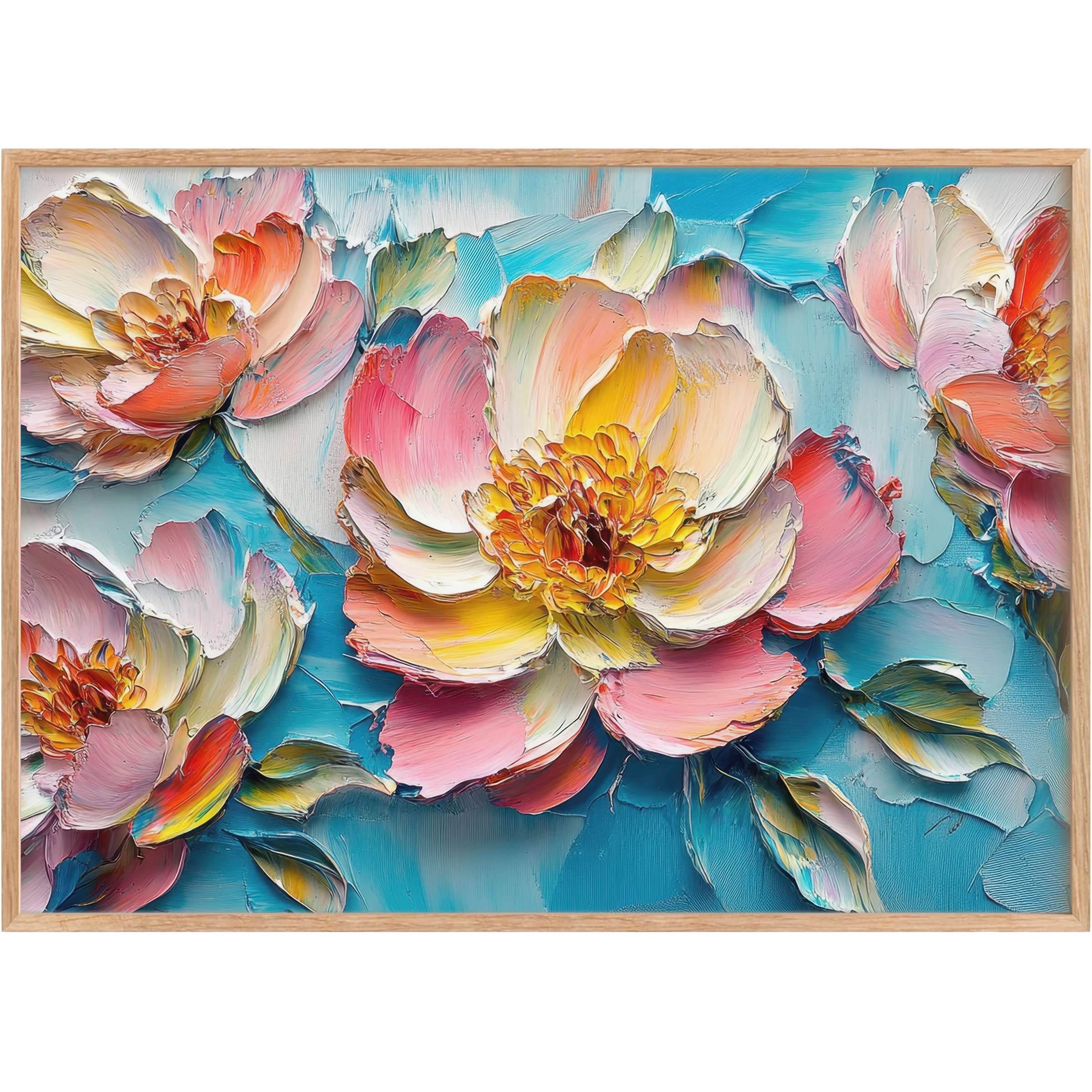 Vibrant floral printable wall art in lush pinks, yellows, and blues, radiating warmth and elegance to elevate refined living spaces
