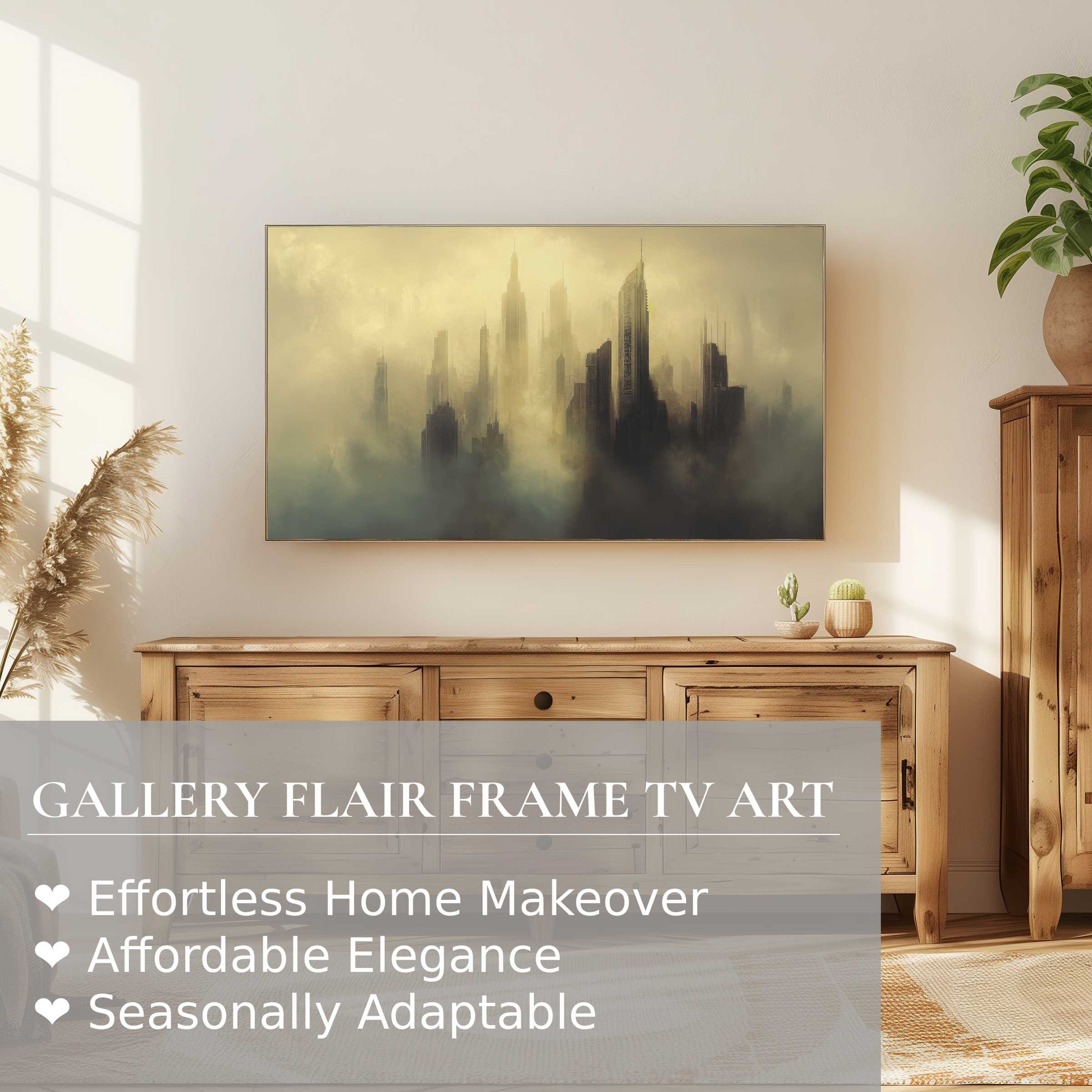 Samsung Frame TV displays urban digital artwork of misty skyscrapers, enhancing refined, modern home decor