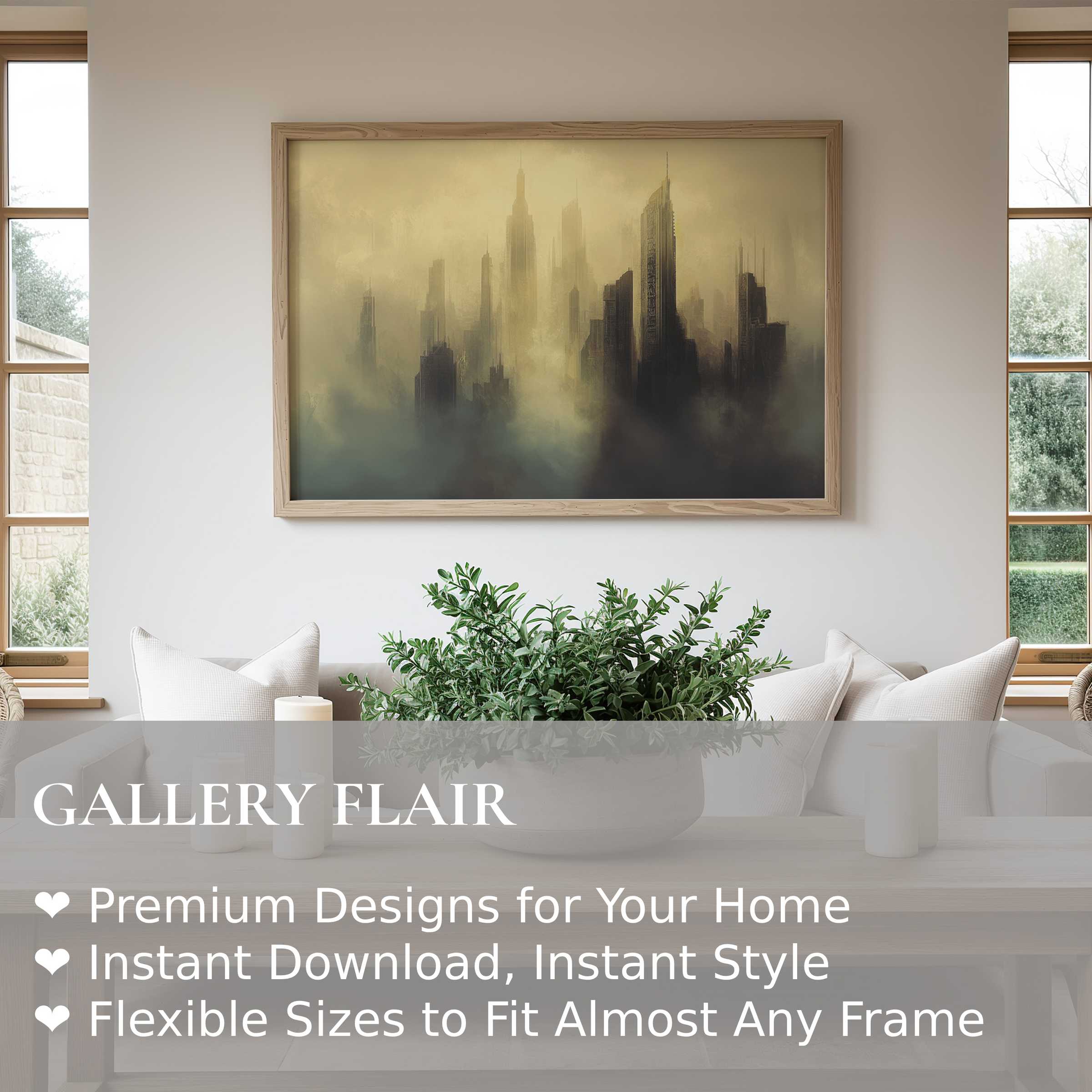 Moody urban art wall art print featuring a misty city skyline in muted gold and slate tones, elevating minimalist modern interiors with bold, atmospheric elegance