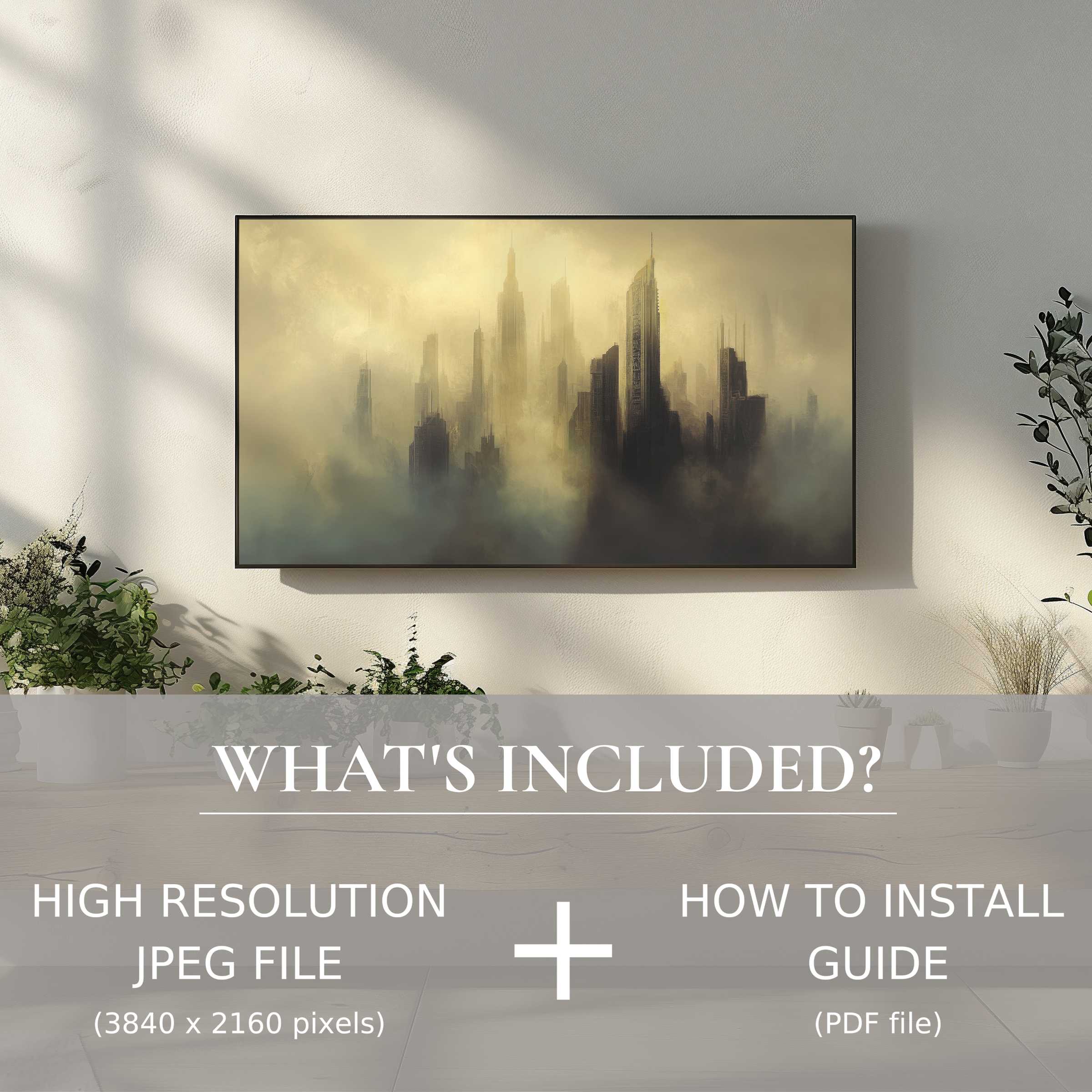 Elegant urban digital TV art download enhances modern living spaces with easy, high-res file use and scenic cityscape charm