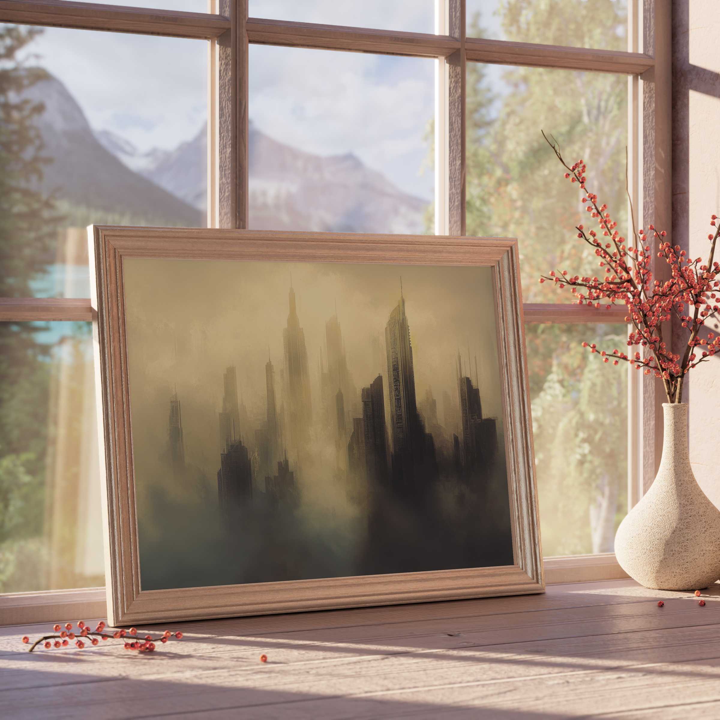 Urban downloadable art evokes a serene, misty skyline with soft earth tones, enriching curated, tranquil interiors