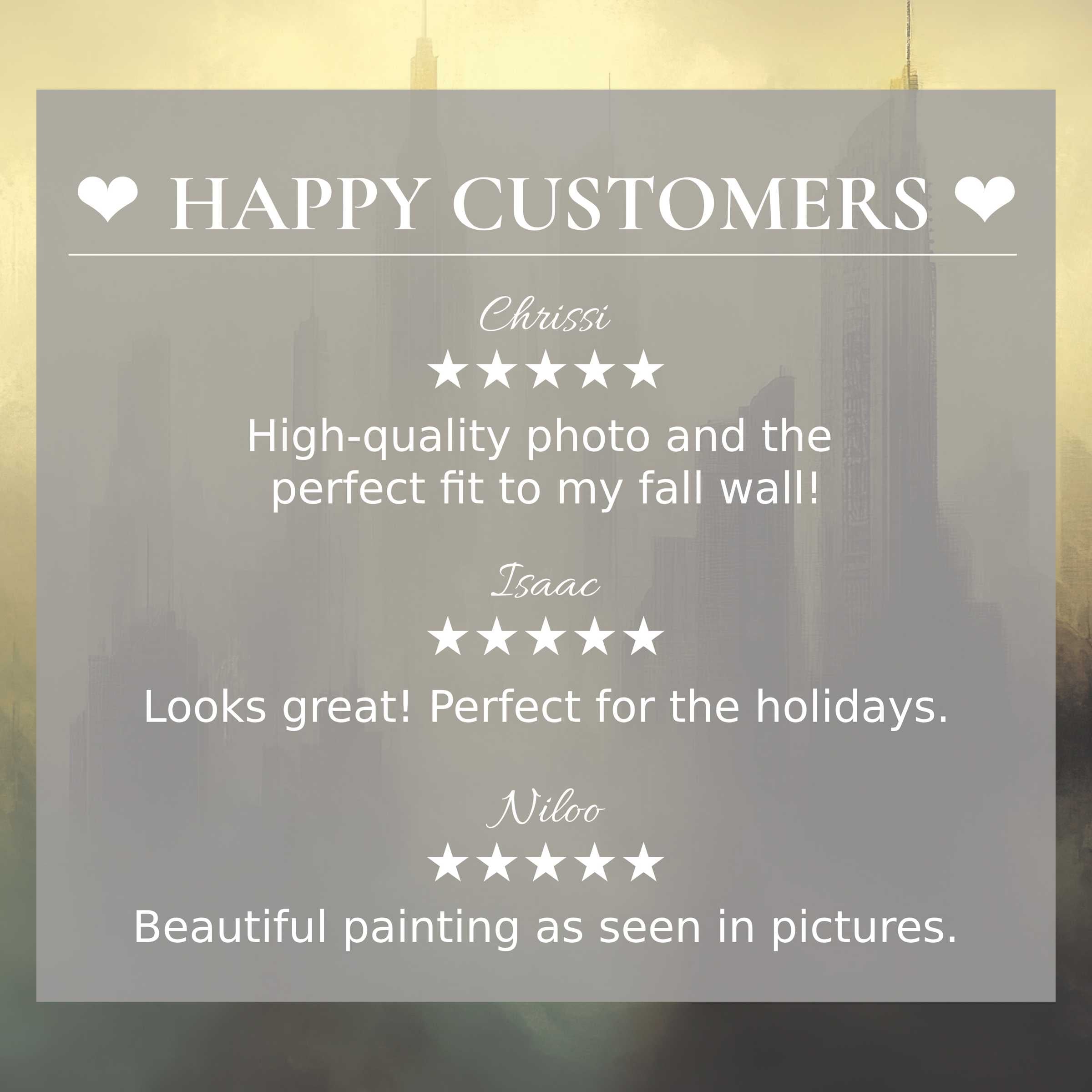 Urban art for Frame TV with abstract sunset tones, showcasing happy customer reviews and elegant product trust