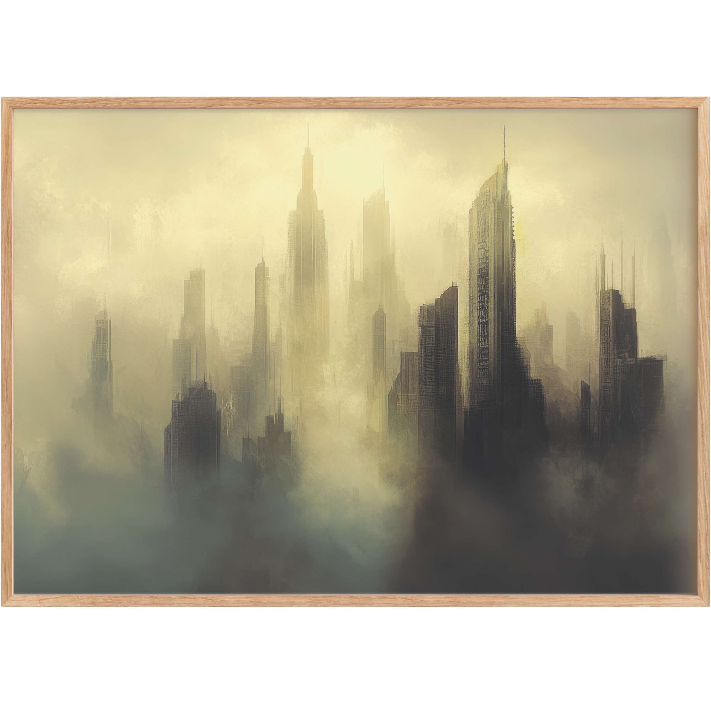 Ethereal urban printable wall art captures a misty city skyline in soft gold and charcoal, evoking serene sophistication and timeless elegance