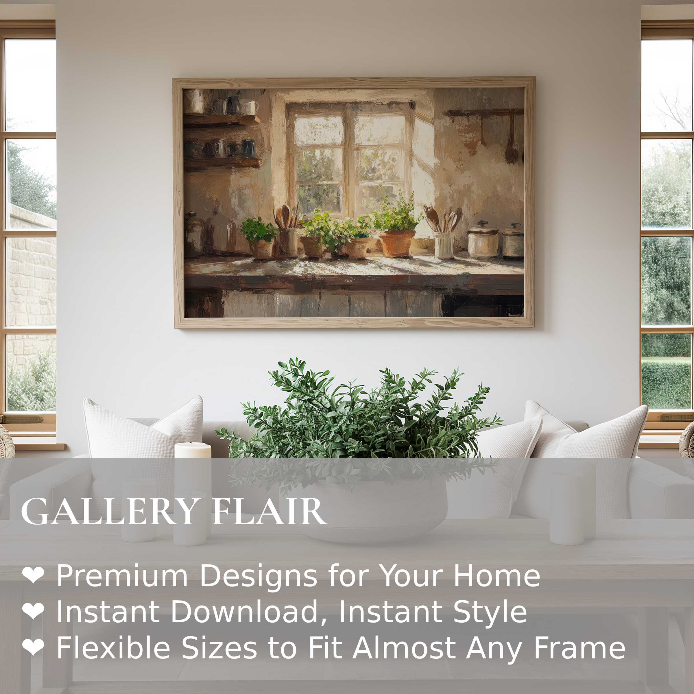Farmhouse wall art print capturing soft sunlight over rustic kitchen herbs, enhancing serene modern farmhouse interiors with natural warmth