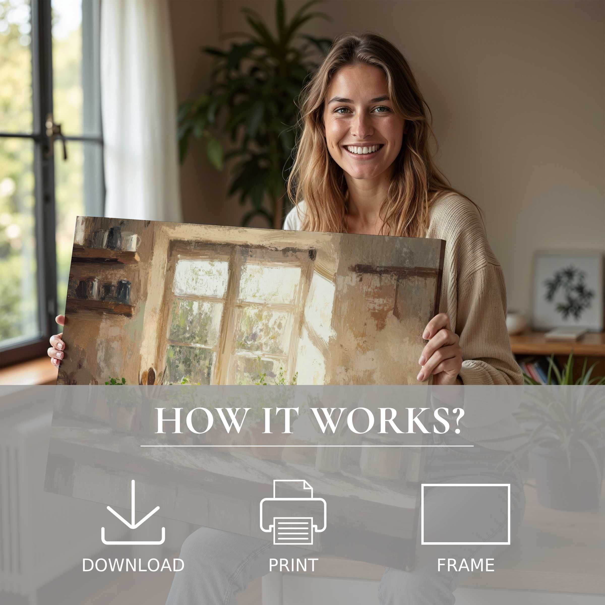 A serene moment of joy as a woman embraces farmhouse digital art print, enriching her modern home with effortless warmth