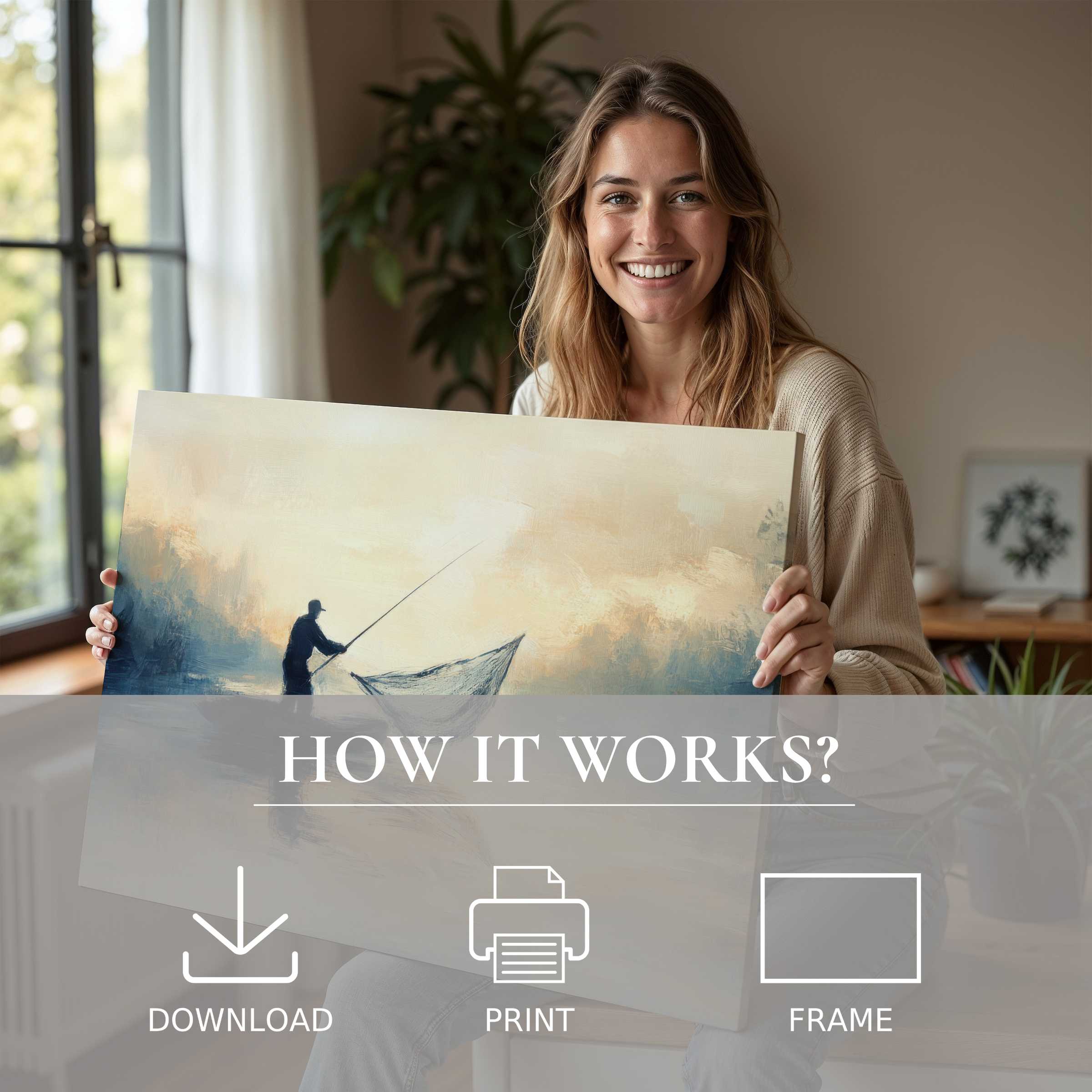 Coastal digital art print evokes peaceful mornings and timeless joy, bringing effortless elegance to modern living spaces