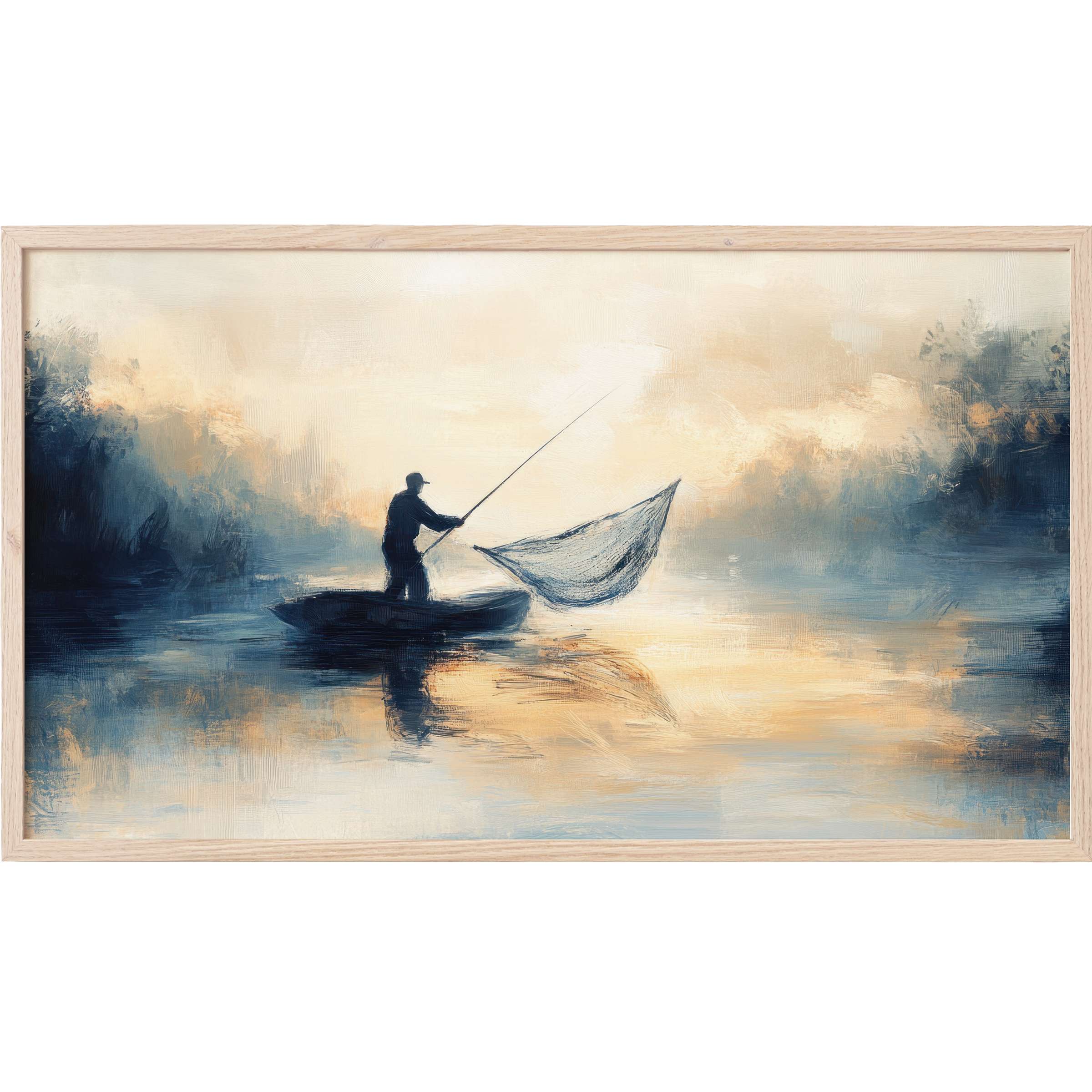 Coastal Frame TV Art depicting a serene fisherman silhouette in soft blues and warm golden hues