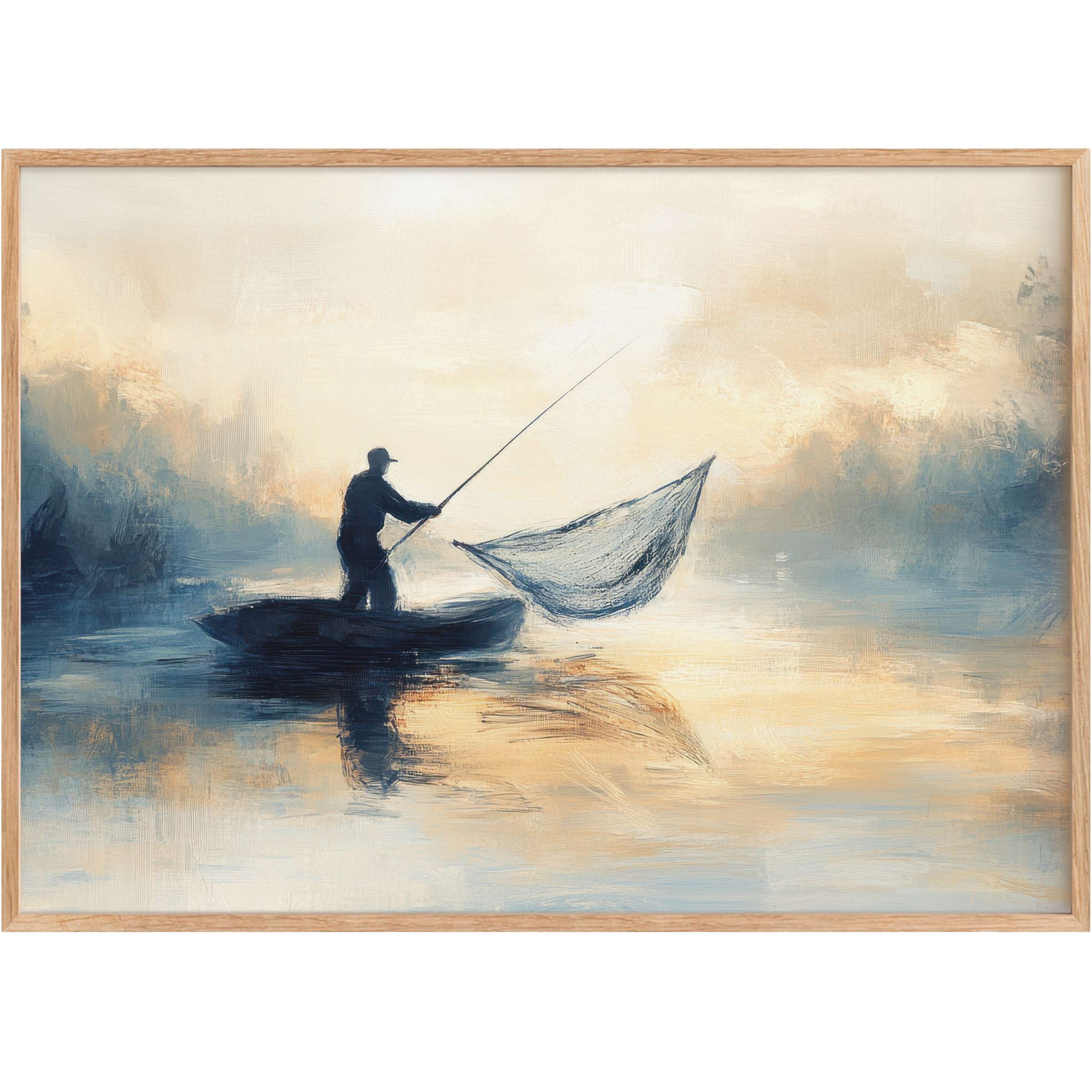 Coastal printable wall art capturing a serene fisherman at dawn, with soft blues and warm golds creating a calming, reflective ambiance