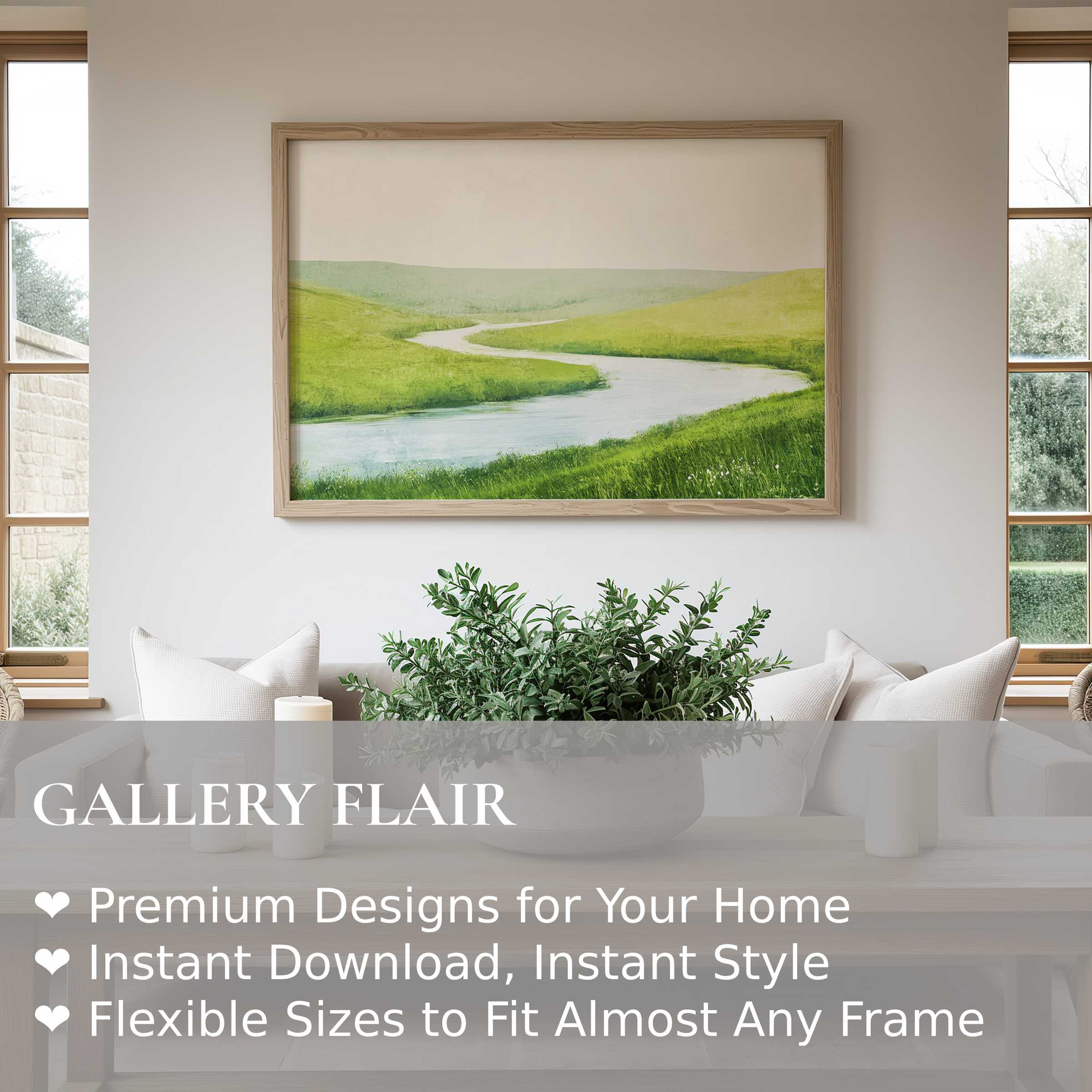 Spring wall art print featuring a serene, radiant river landscape in soft greens, enhancing a modern minimalist living room with calming nature tones and timeless elegance