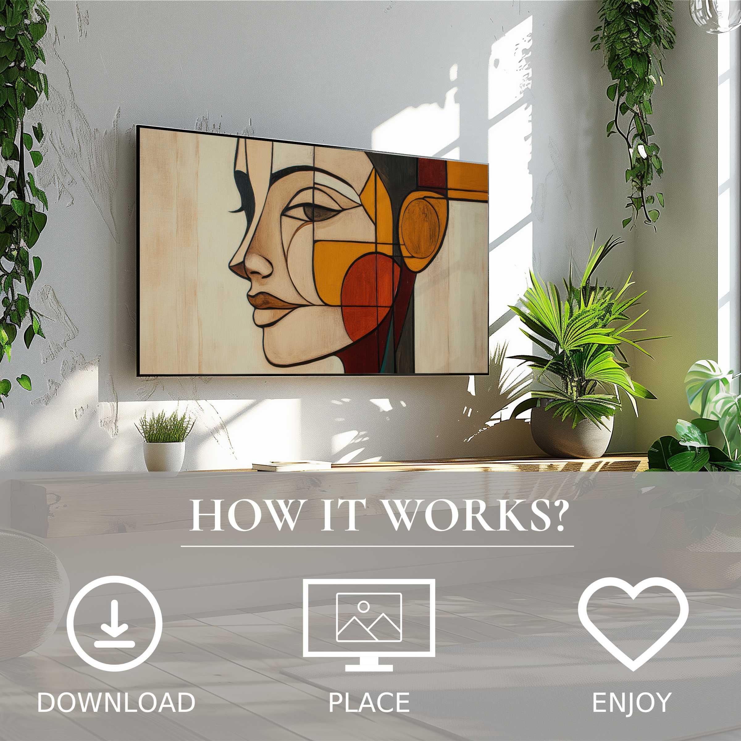 Minimalist art for Samsung TV with warm abstract face design, easy digital download enriching modern living spaces