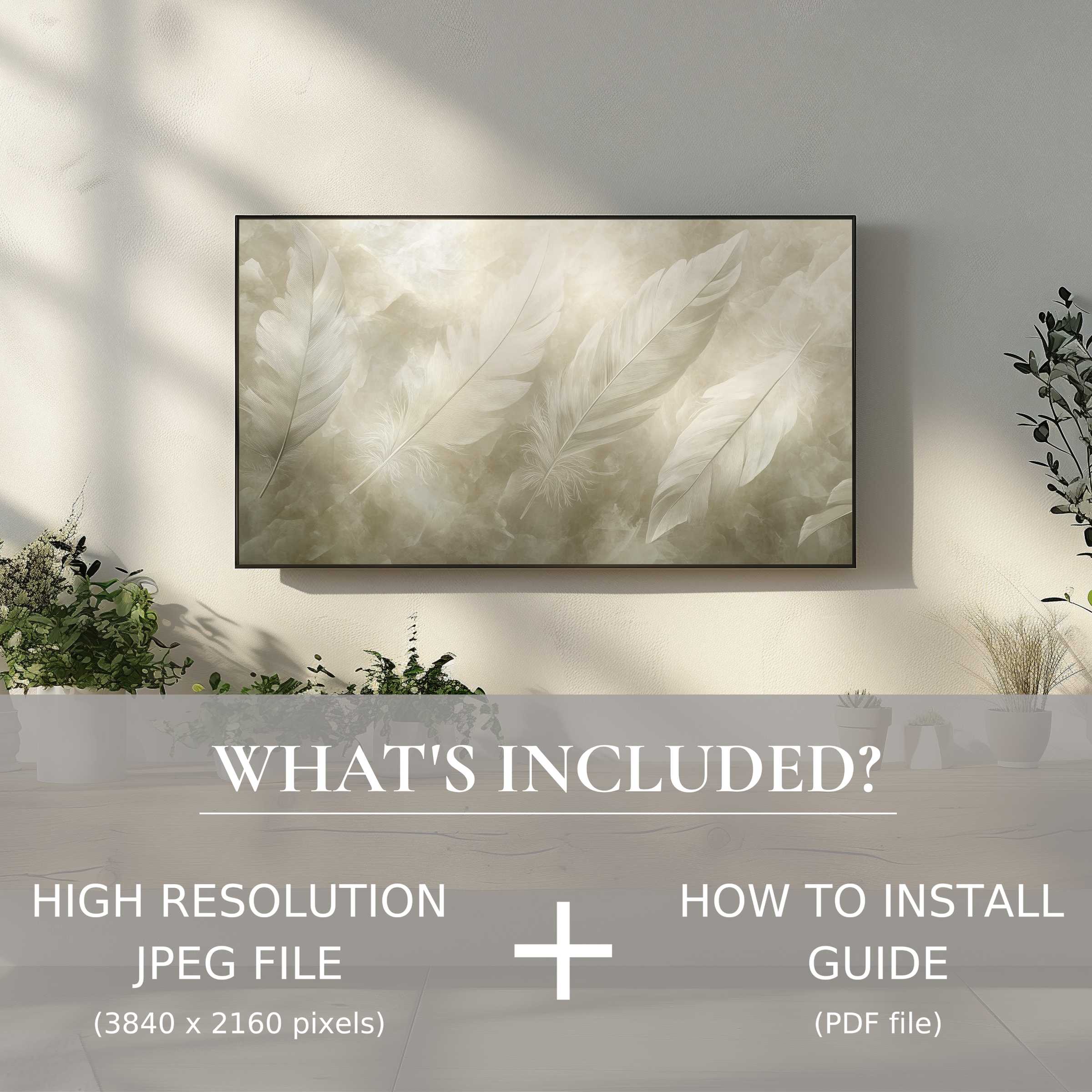 Elegant neutral digital TV art download with feather design enhances living spaces, easy to use and stylishly modern