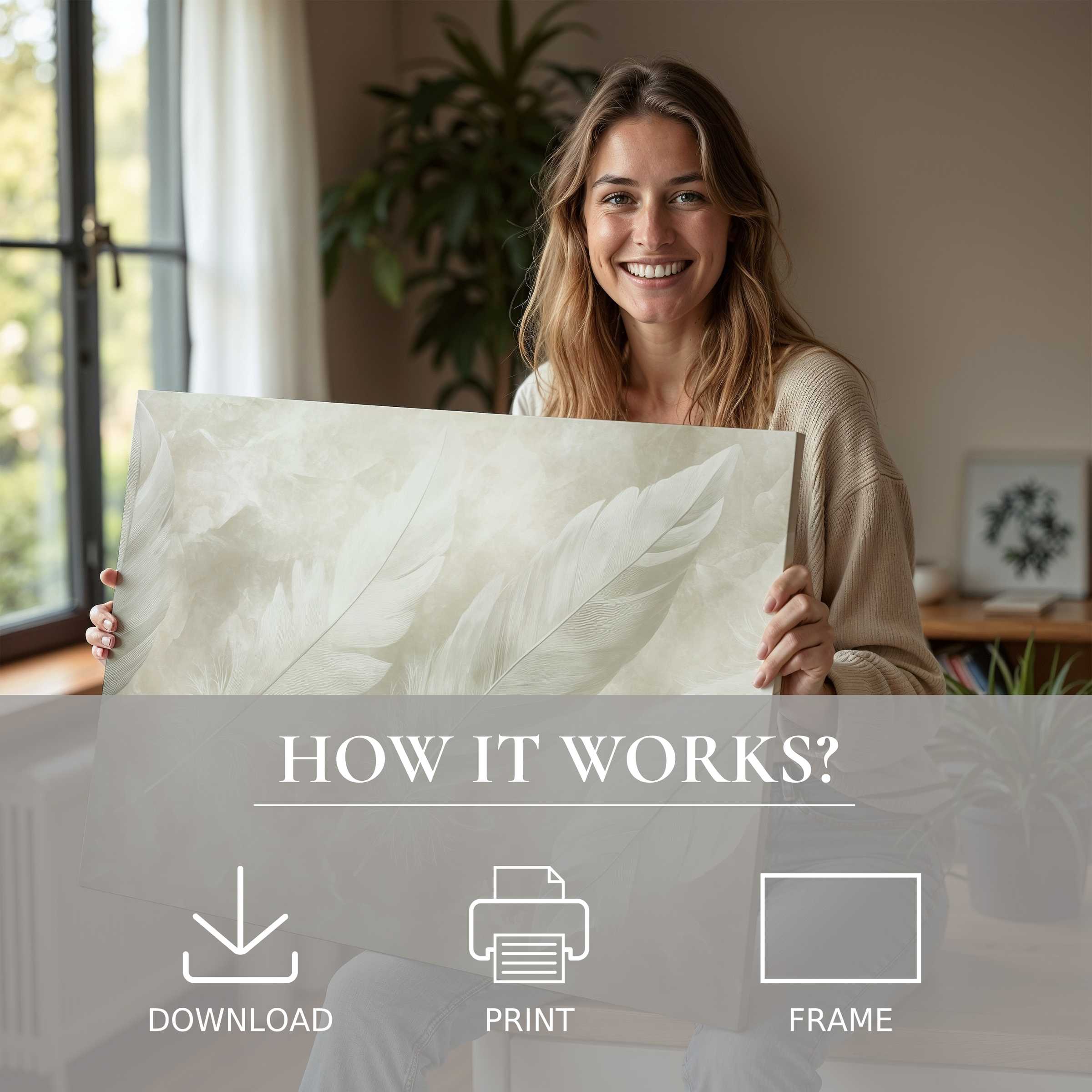 Radiant connection with neutral digital art print, elevating serene modern interiors through effortless elegance and joy