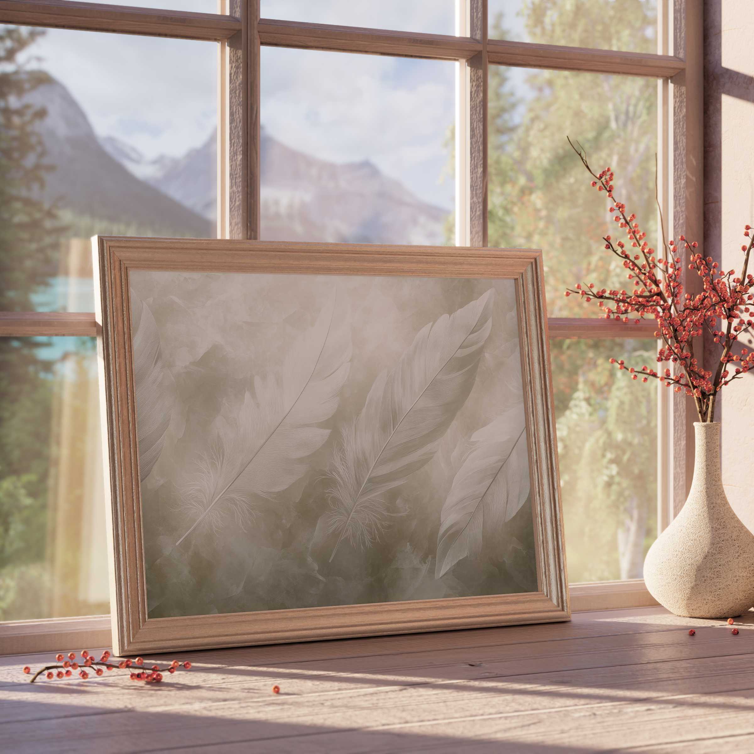 Neutral downloadable art featuring delicate feathers in soft taupe tones, perfect for serene, curated interiors with natural light and warm accents