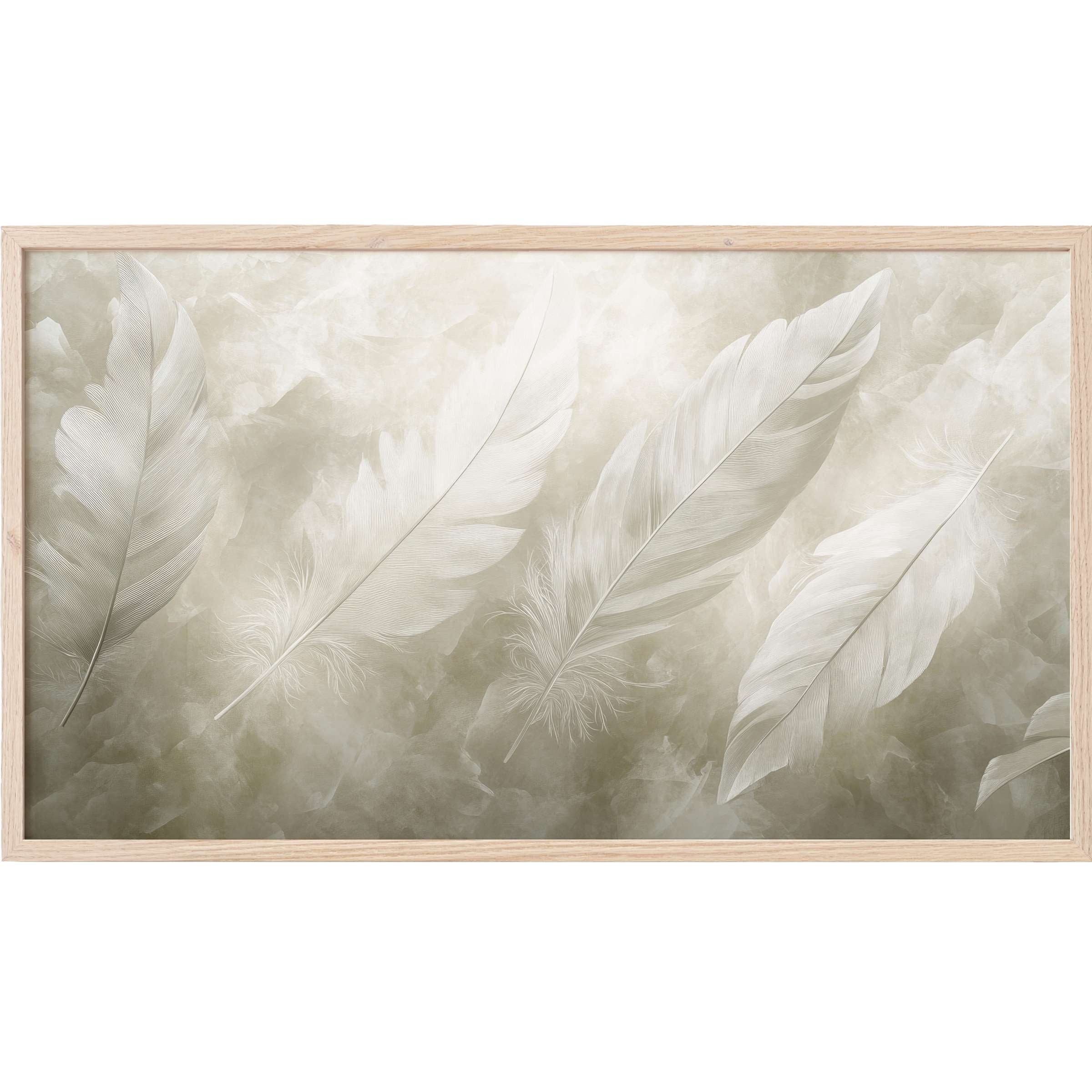 Elegant neutral Frame TV Art featuring soft, detailed feathers in muted beige tones with a modern, airy aesthetic