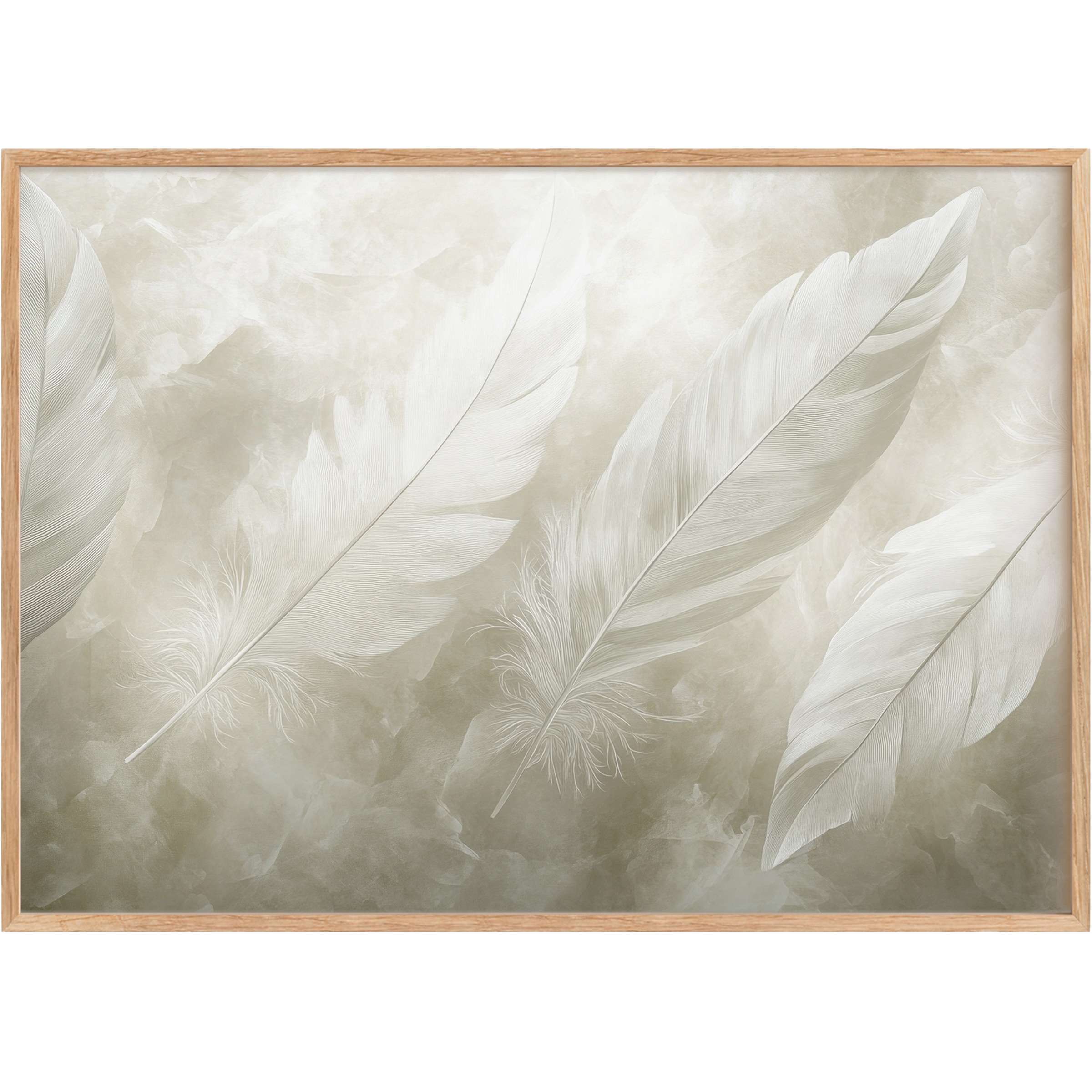 Elegant neutral printable wall art featuring delicate white feathers in soft beige tones for a serene, airy ambiance