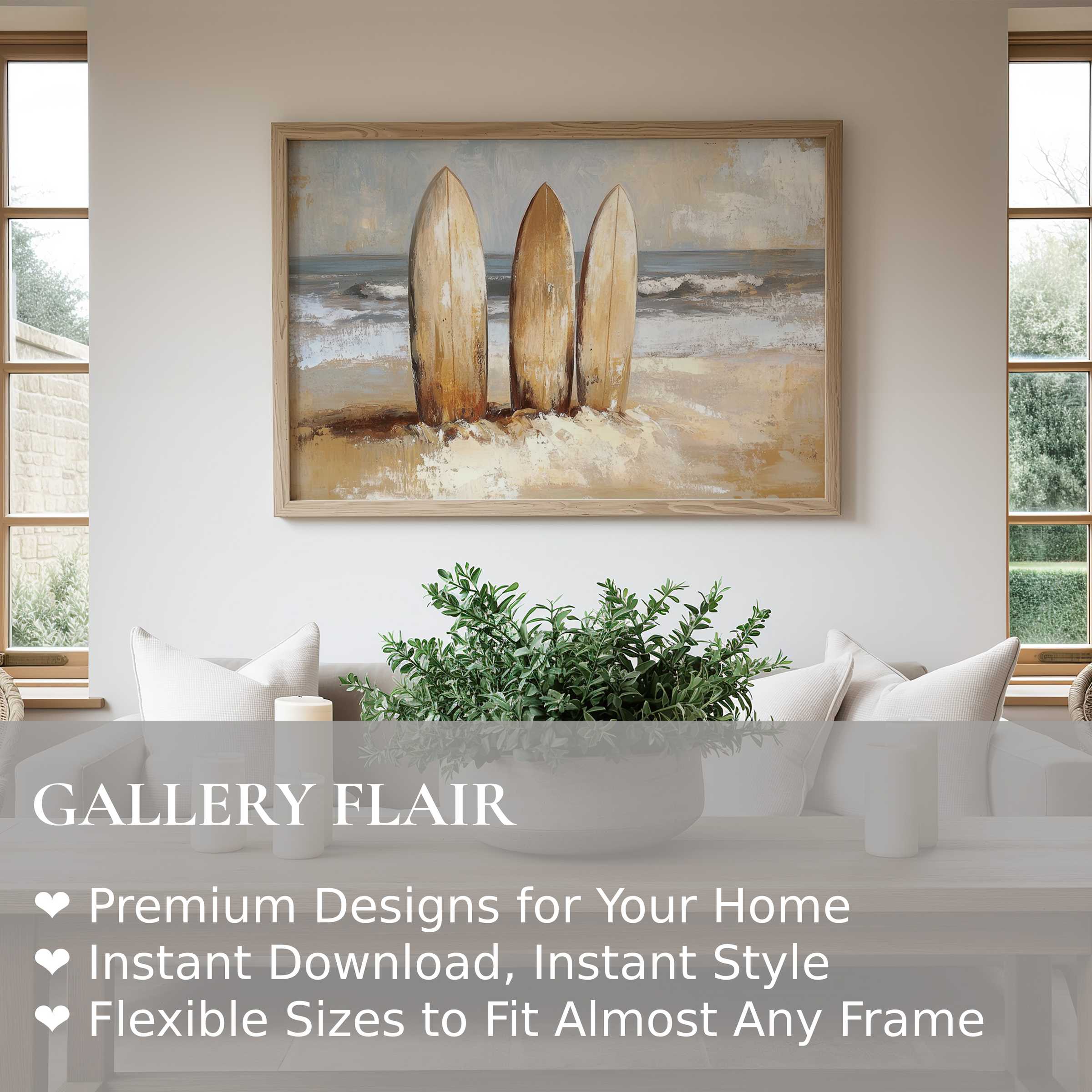Beach wall art print featuring three rustic surfboards on a serene shore, radiating calming coastal vibes in a modern, natural living space