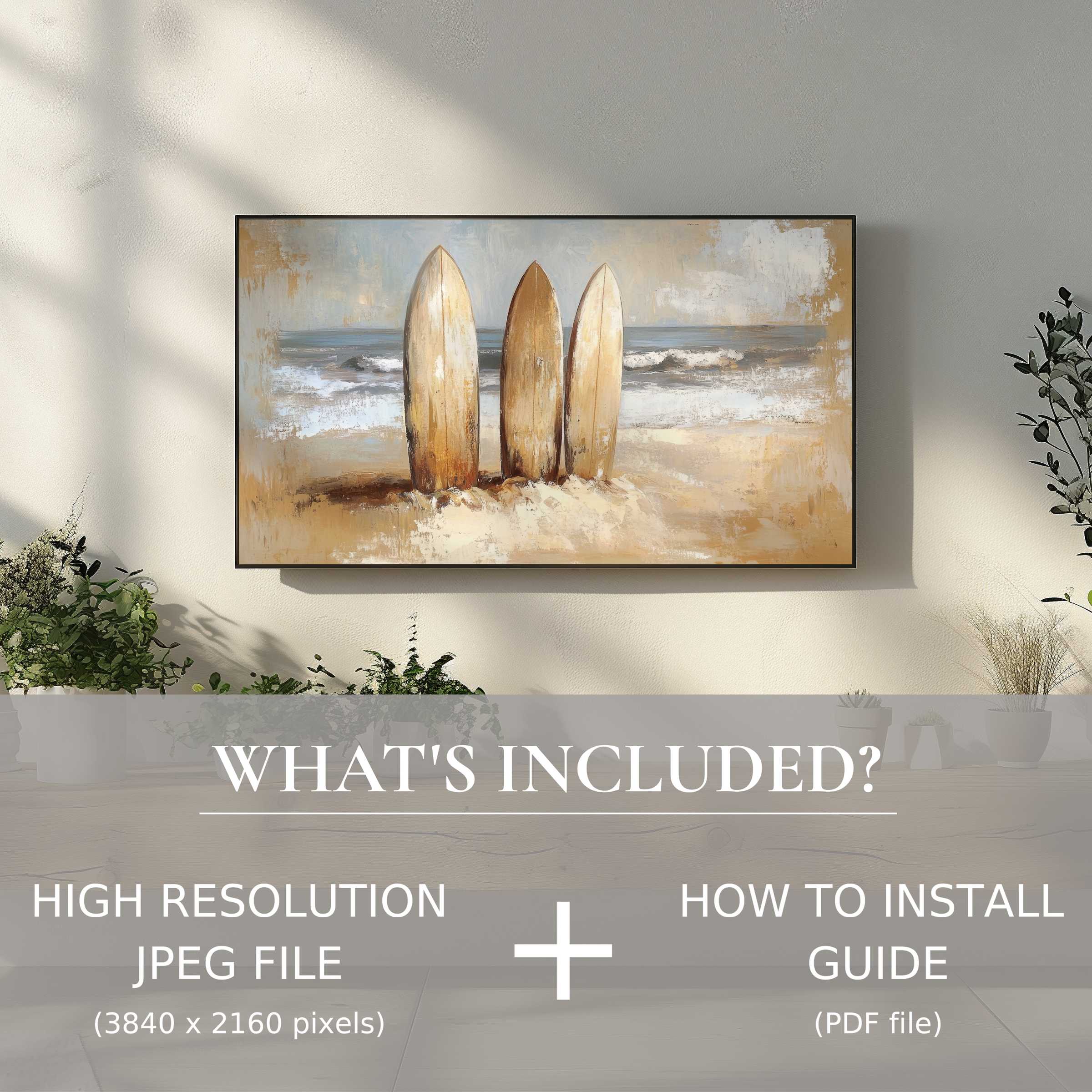 Elegant beach digital TV art download with easy use, enhancing your modern living space with serene surfboard imagery